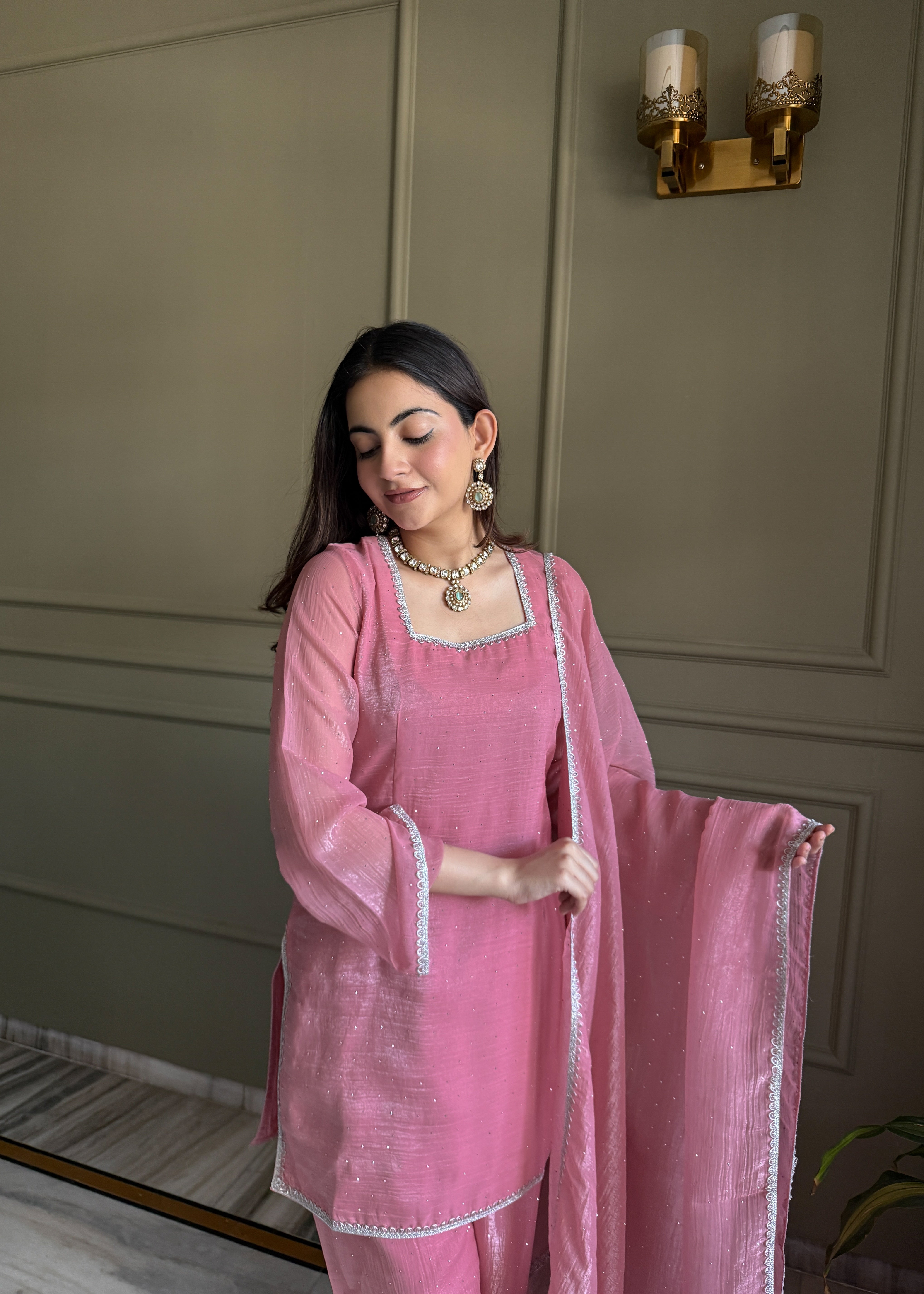SHOWOFF Women's Empire Anarkali Beads and Stones Pink Floral Kurta and Sharara Comes with Dupatta