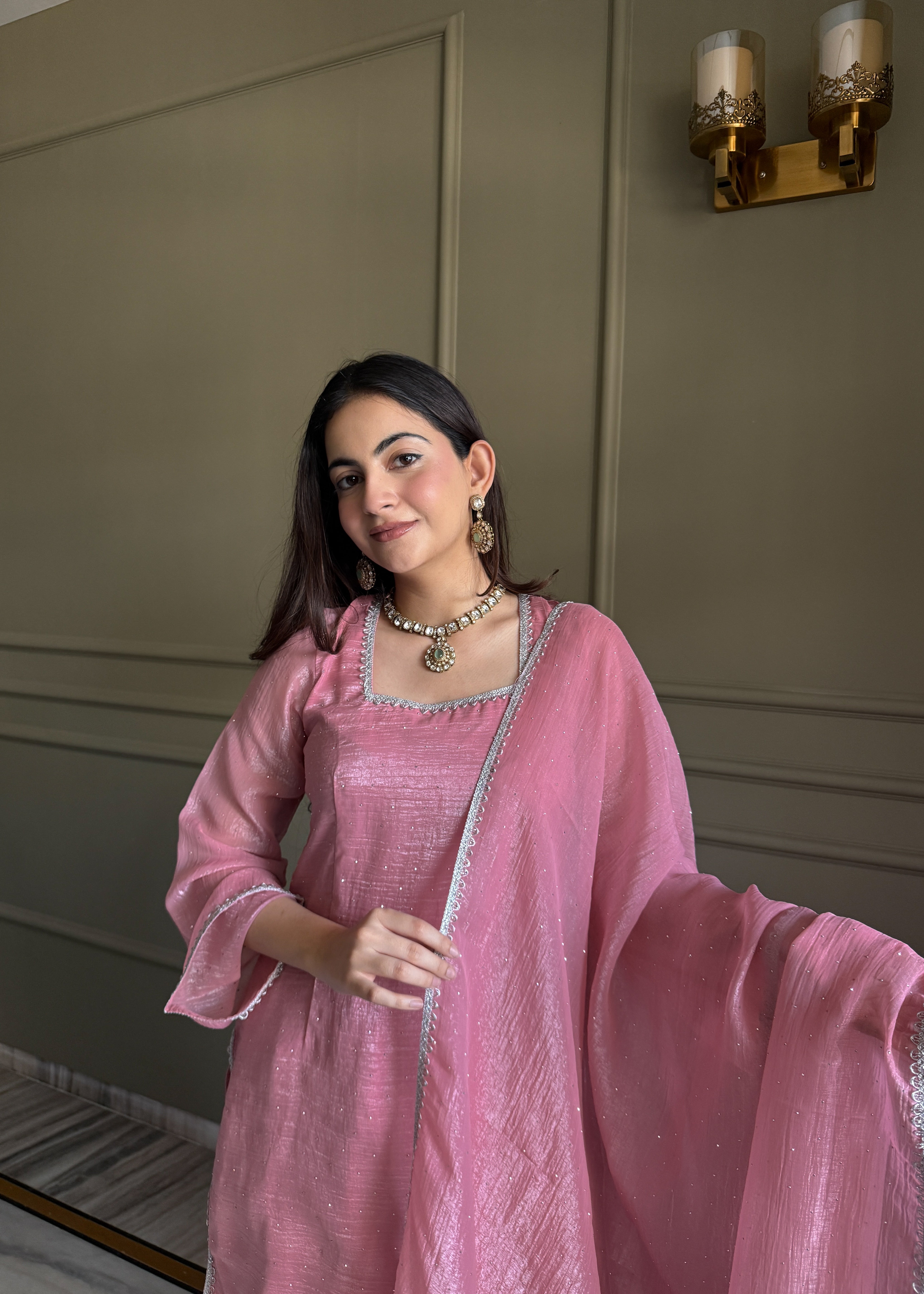 SHOWOFF Women's Empire Anarkali Beads and Stones Pink Floral Kurta and Sharara Comes with Dupatta