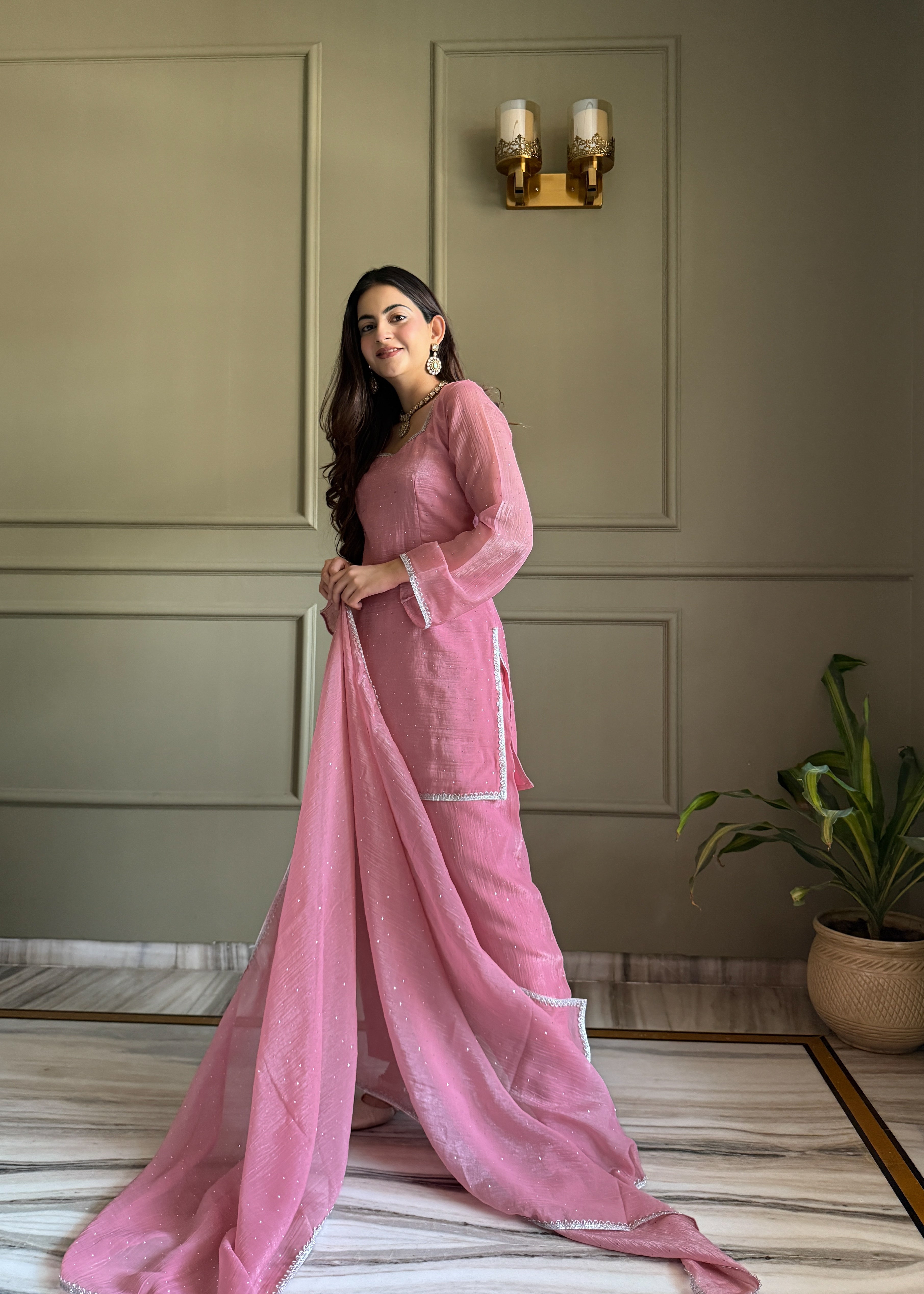 SHOWOFF Women's Empire Anarkali Beads and Stones Pink Floral Kurta and Sharara Comes with Dupatta