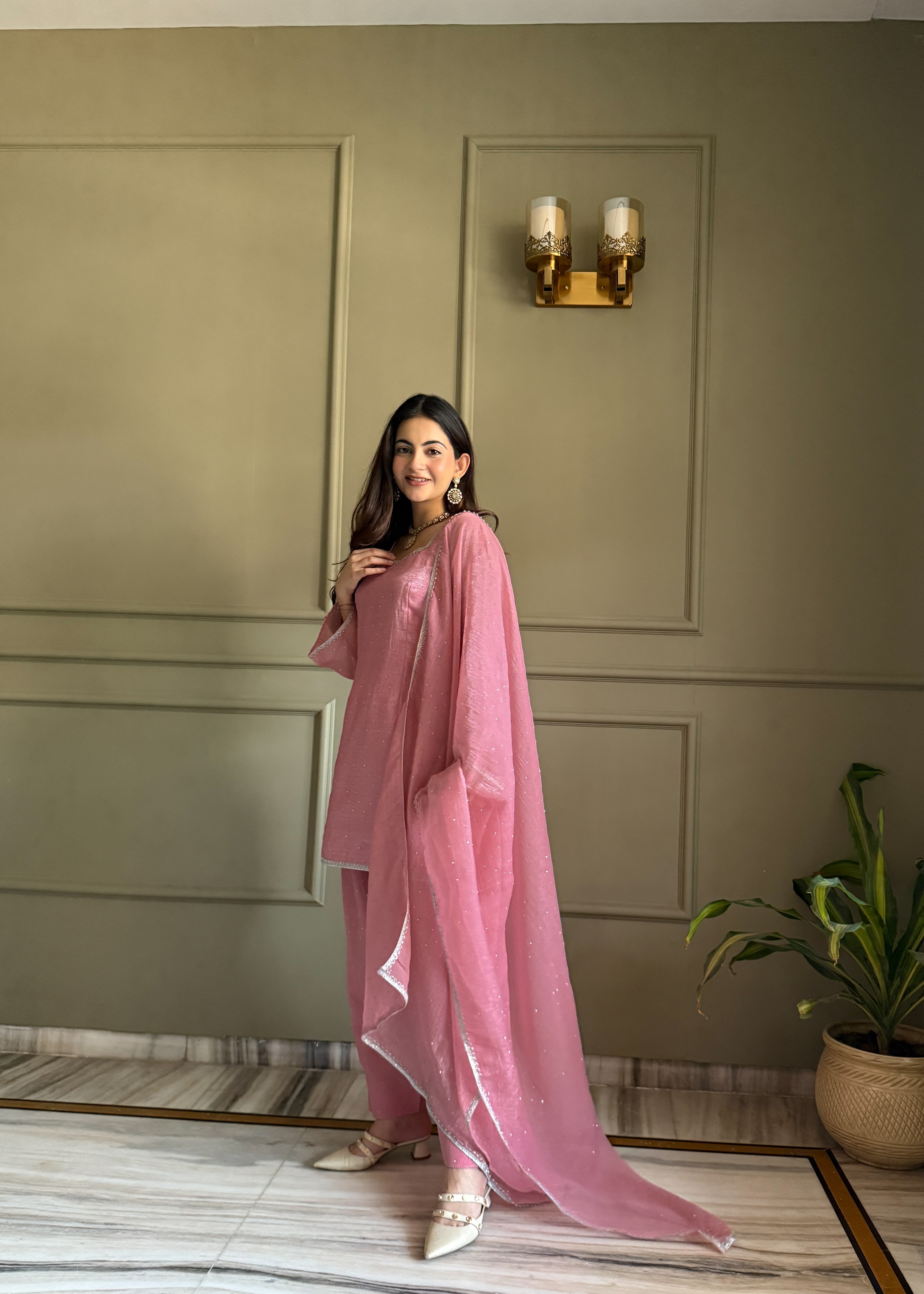 SHOWOFF Women's Empire Anarkali Beads and Stones Pink Floral Kurta and Sharara Comes with Dupatta
