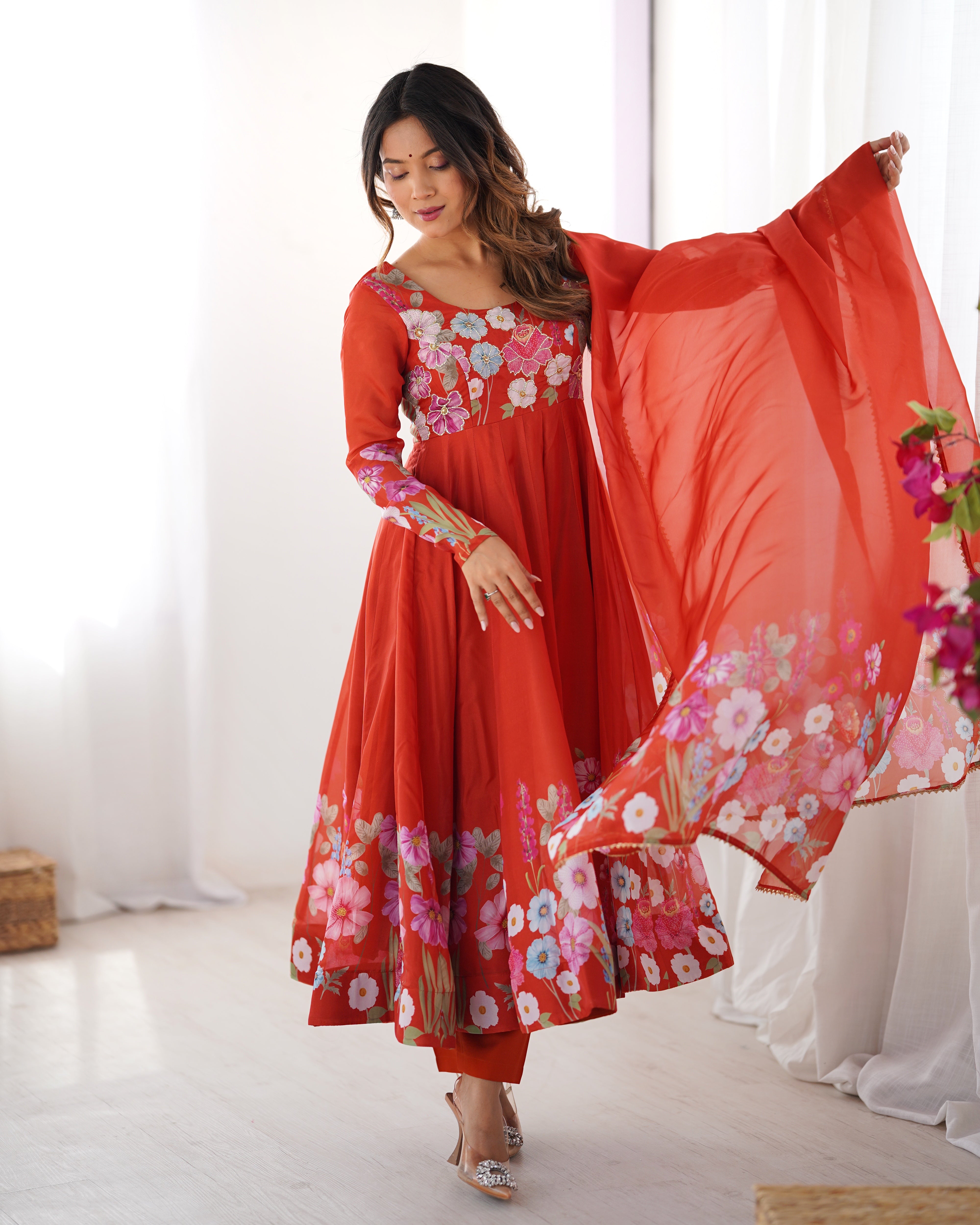 Lorenvalley Fashion Red Soft Organza Silk With Floral Print Fully Flared Anarkali Pant With Dupatta Set