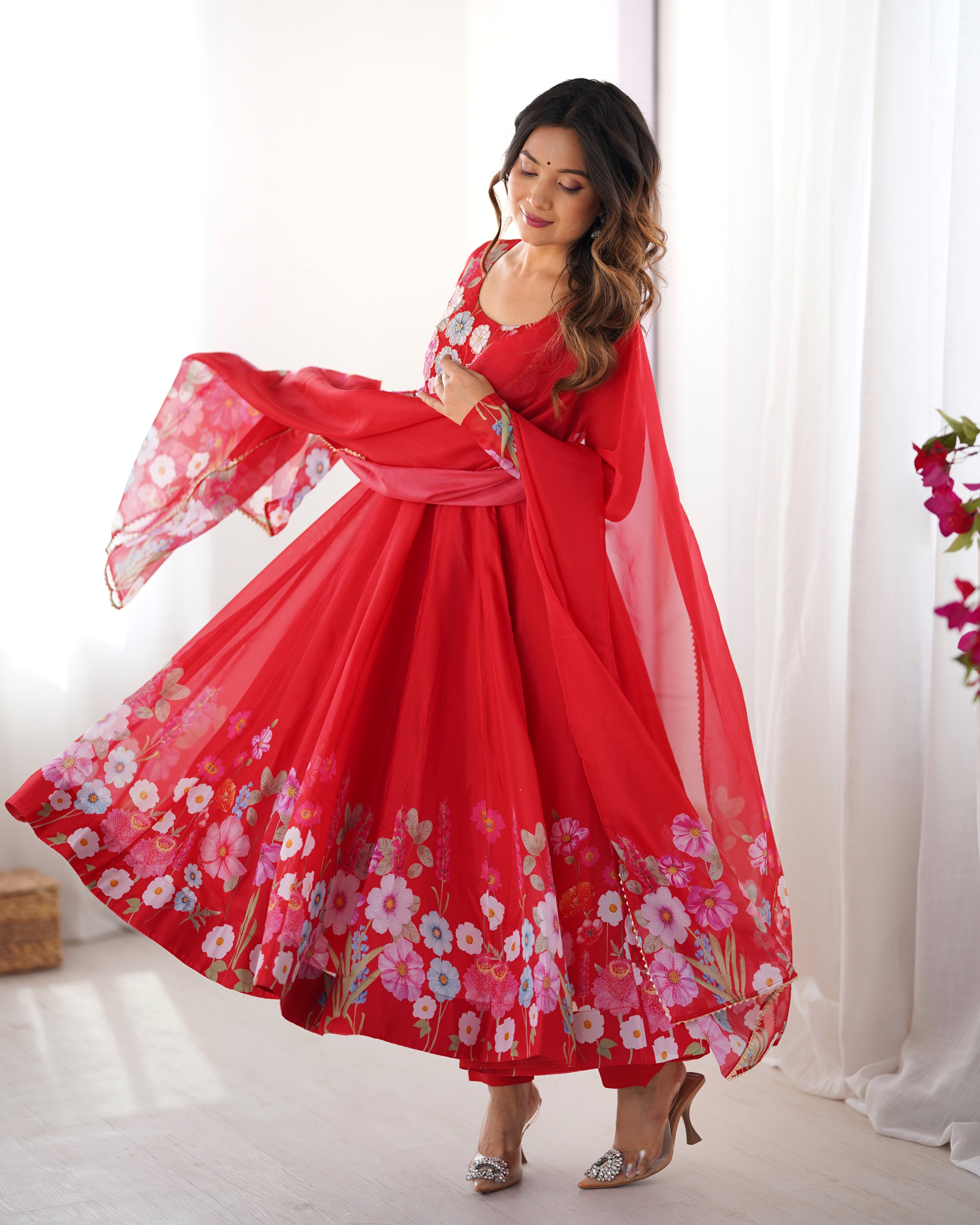 Lorenvalley Fashion Red Soft Organza Silk With Floral Print Fully Flared Anarkali Pant With Dupatta Set