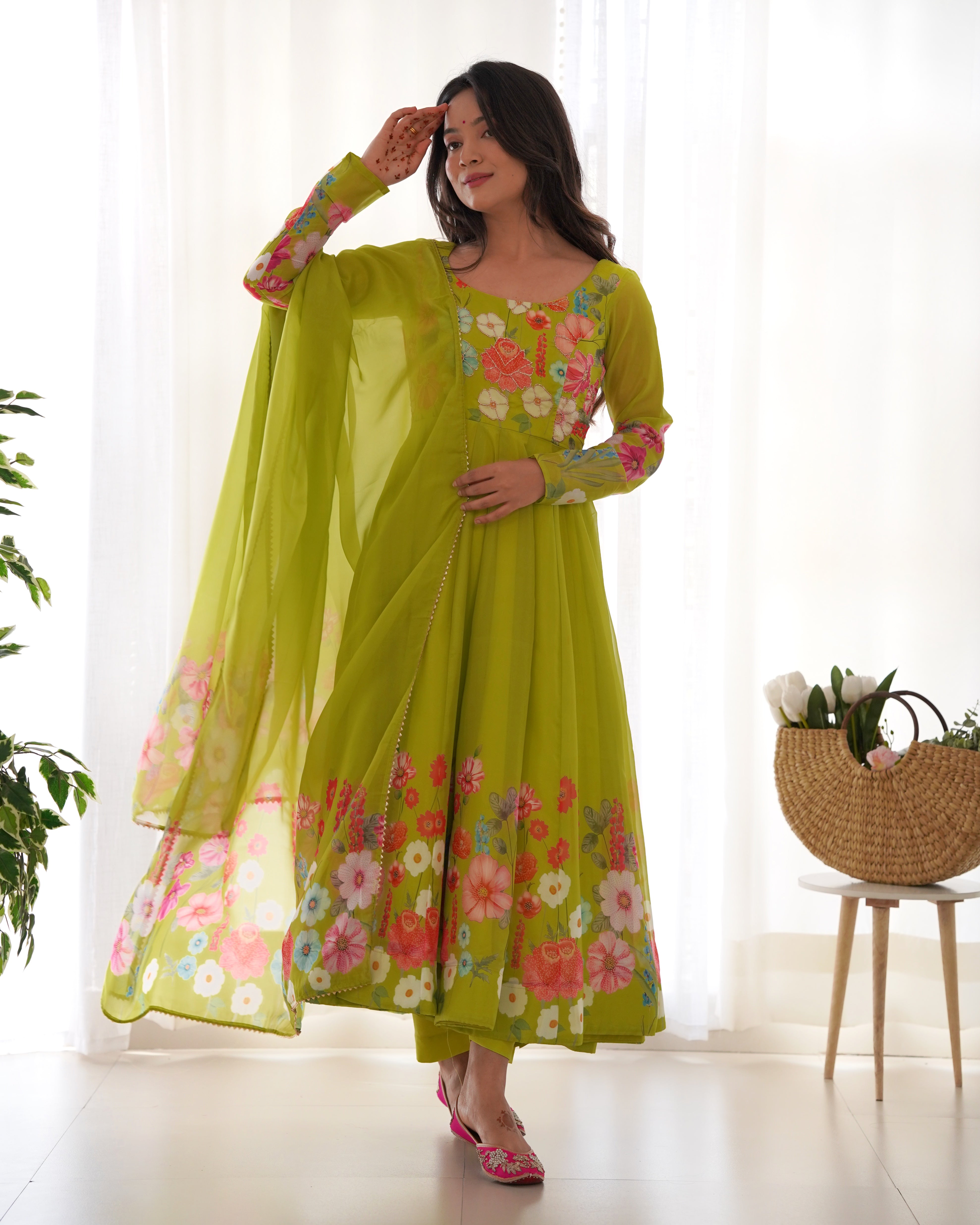 Lorenvalley Fashion Red Soft Organza Silk With Floral Print Fully Flared Anarkali Pant With Dupatta Set