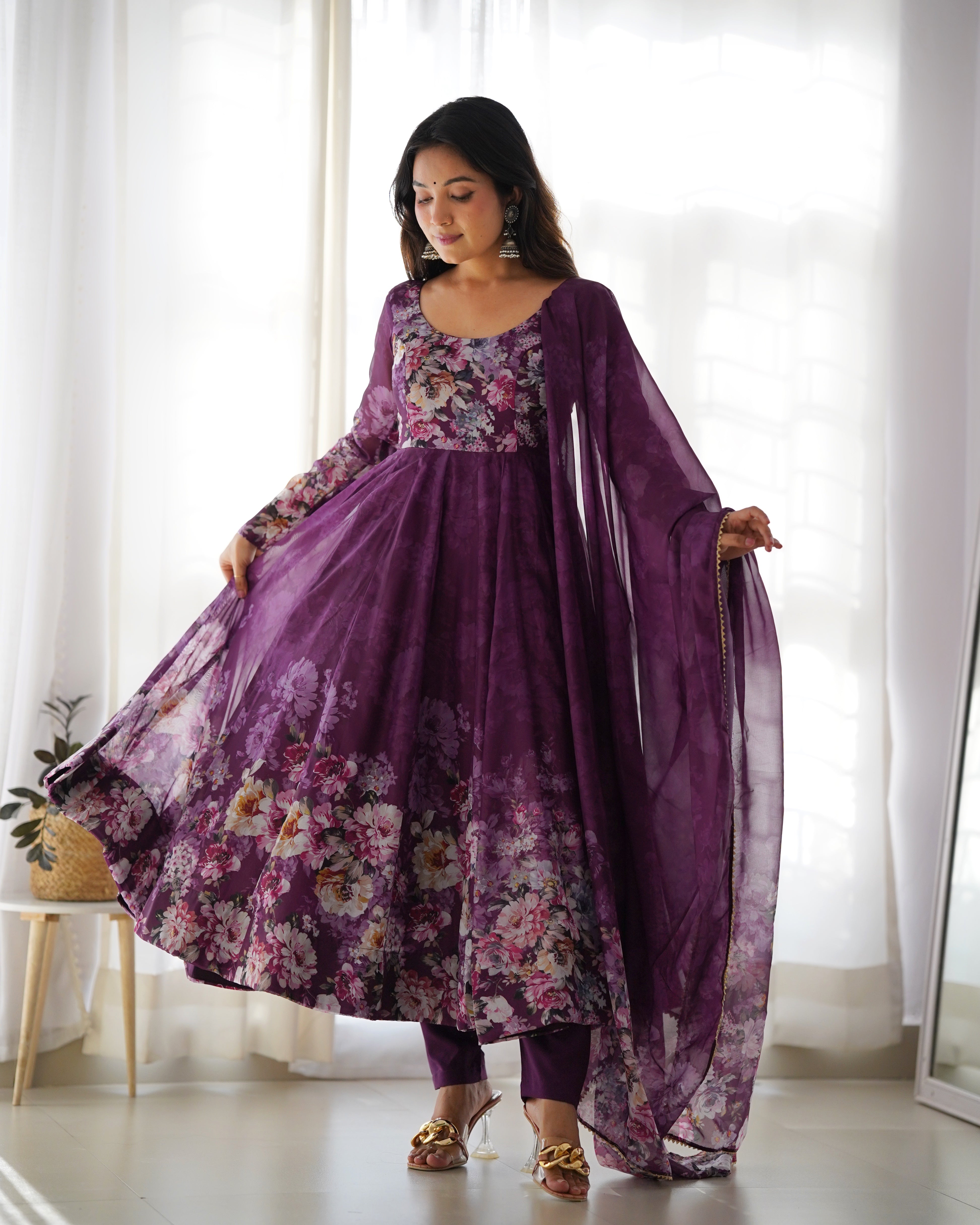 Elegant Floral Anarkali Set with Sheer Dupatta