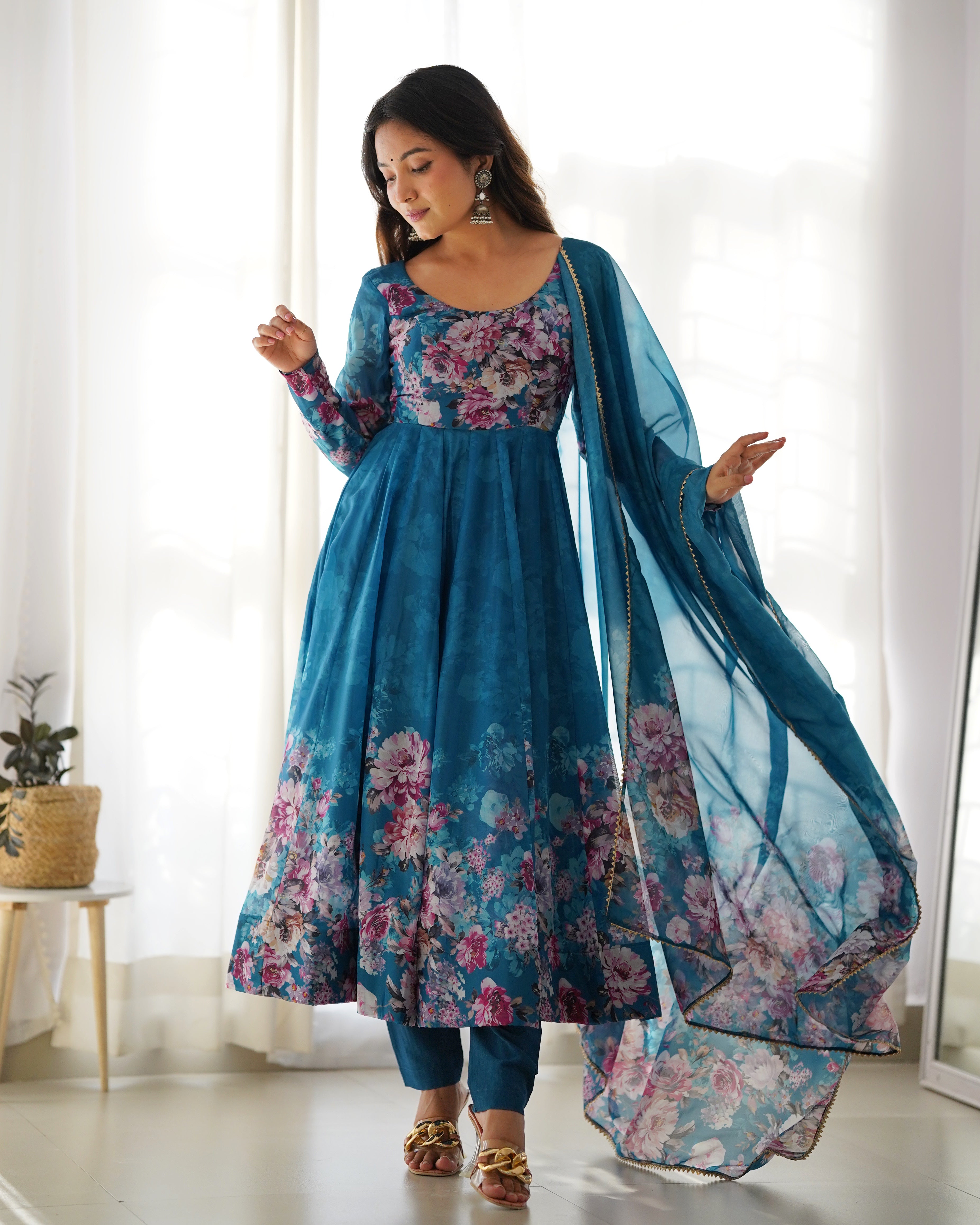 Elegant Floral Anarkali Set with Sheer Dupatta