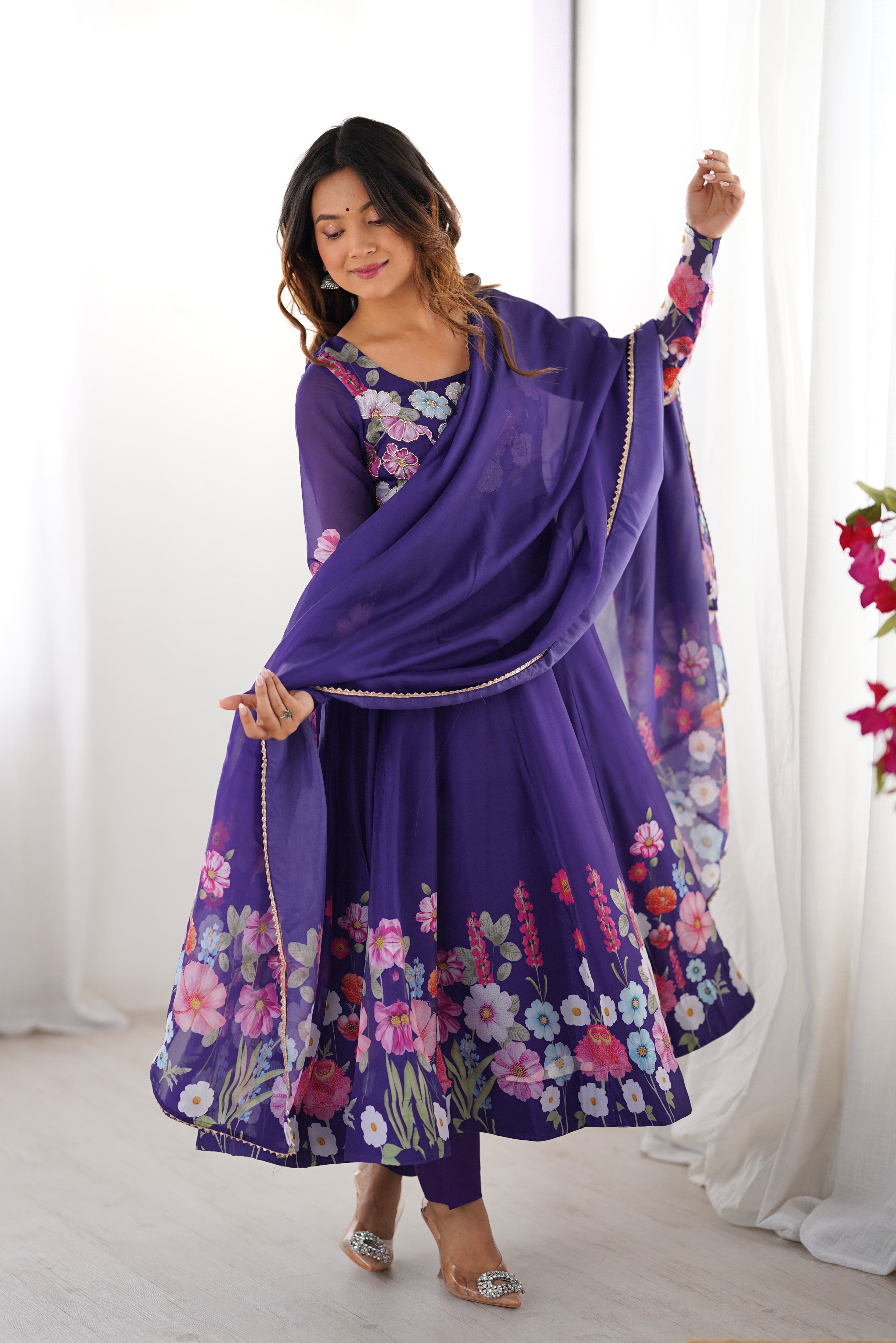 Lorenvalley Fashion Red Soft Organza Silk With Floral Print Fully Flared Anarkali Pant With Dupatta Set