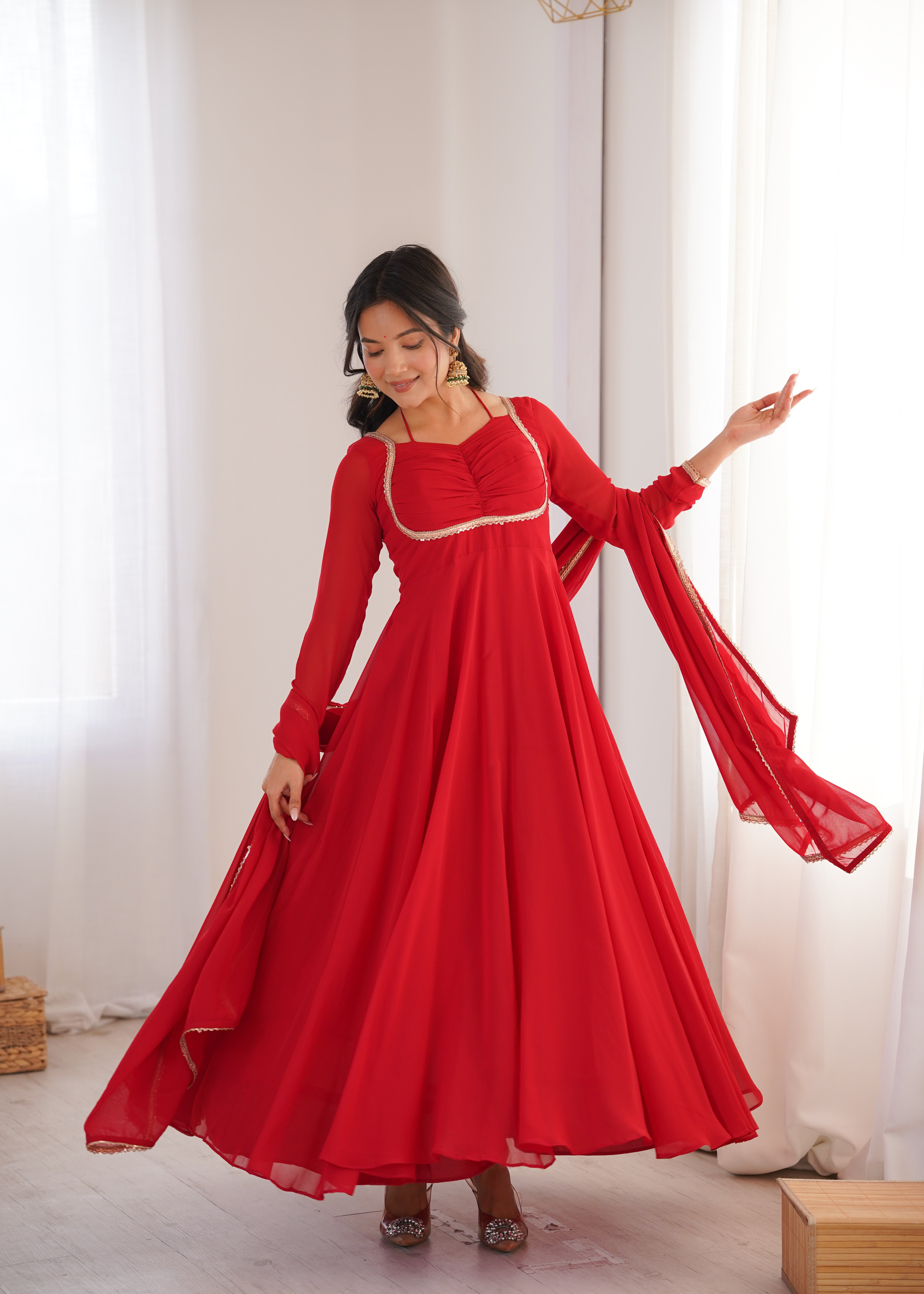 Anarkali Dress with Sheer Dupatta and Embellished Detailing
