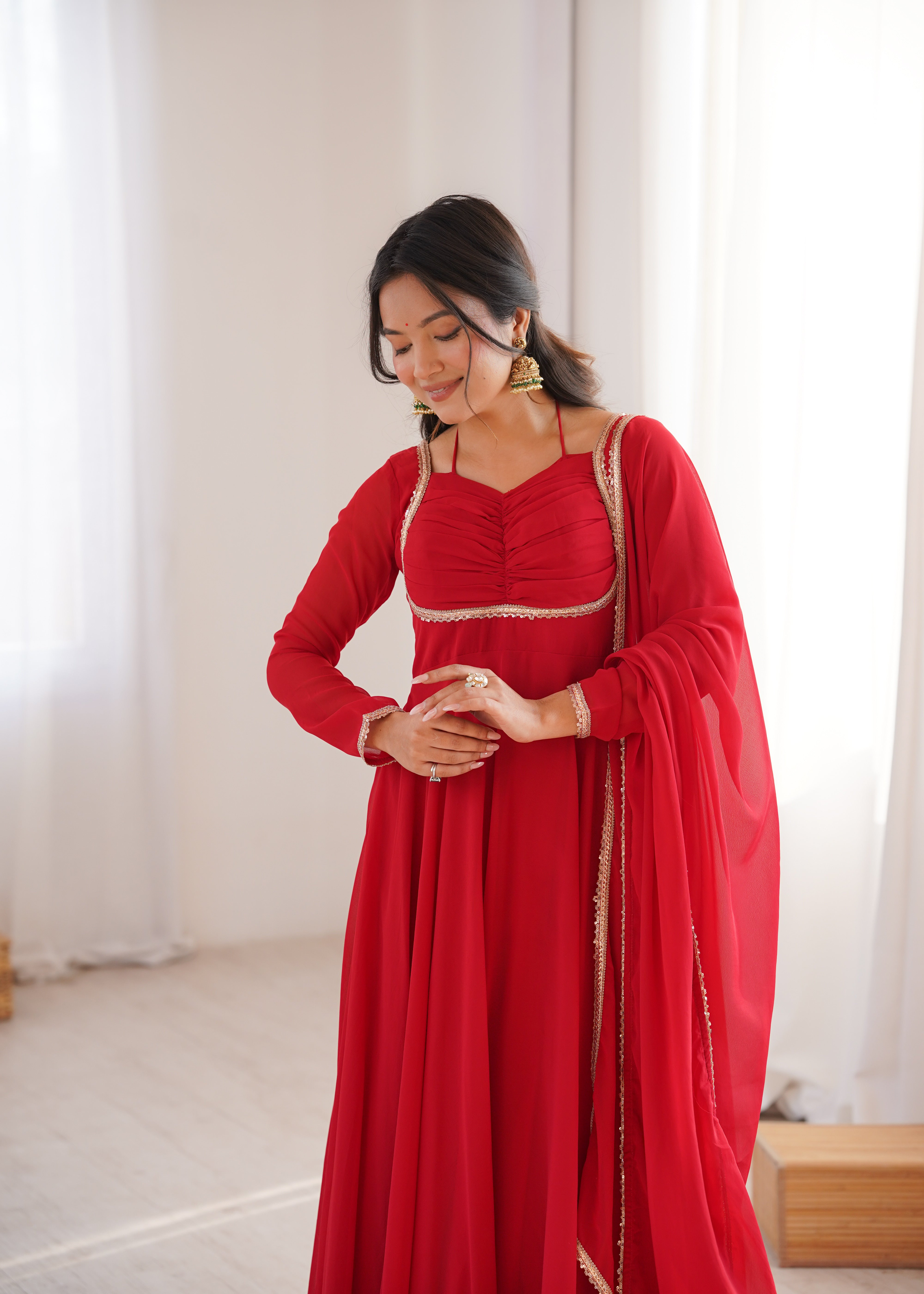 Anarkali Dress with Sheer Dupatta and Embellished Detailing
