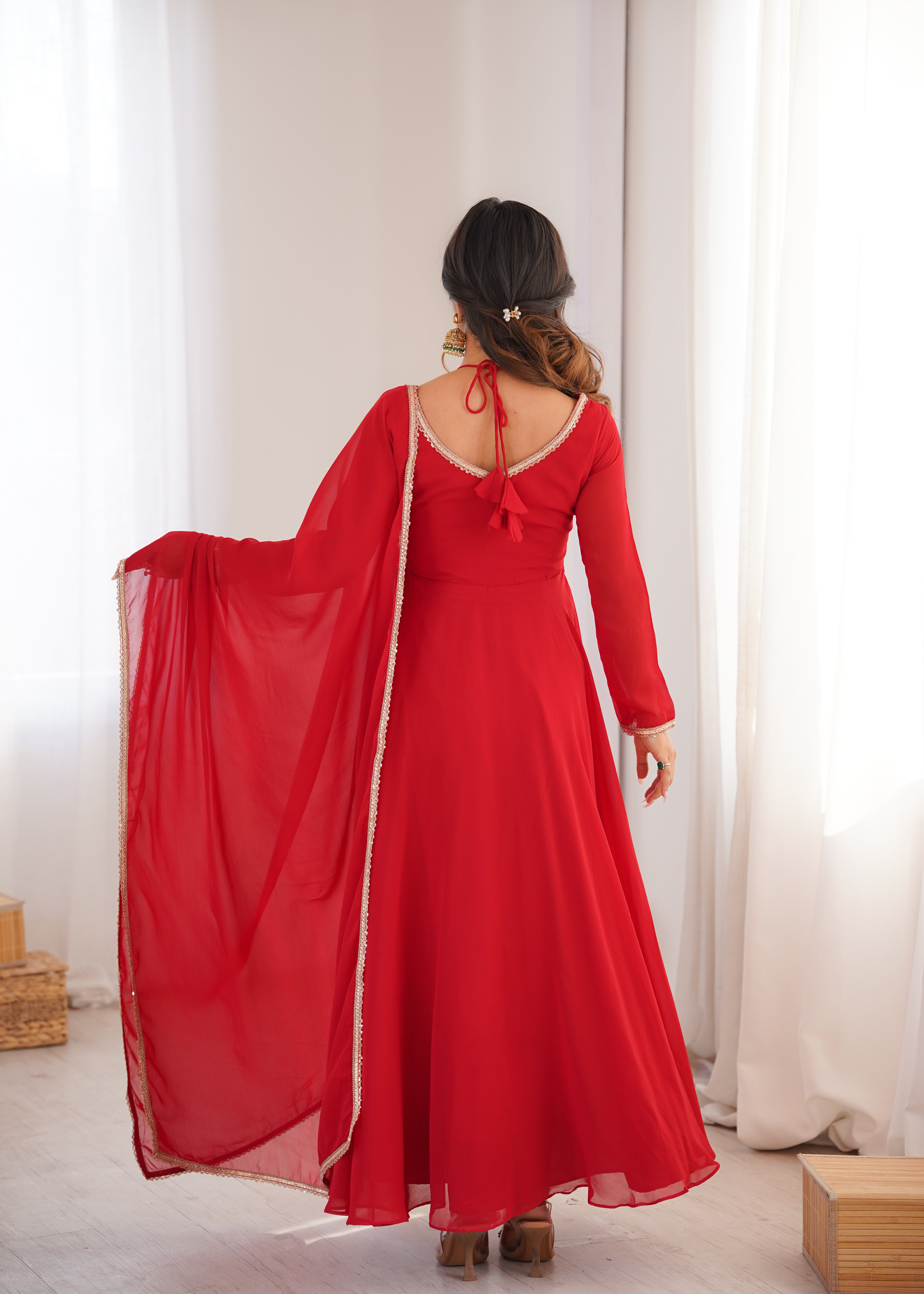 Anarkali Dress with Sheer Dupatta and Embellished Detailing