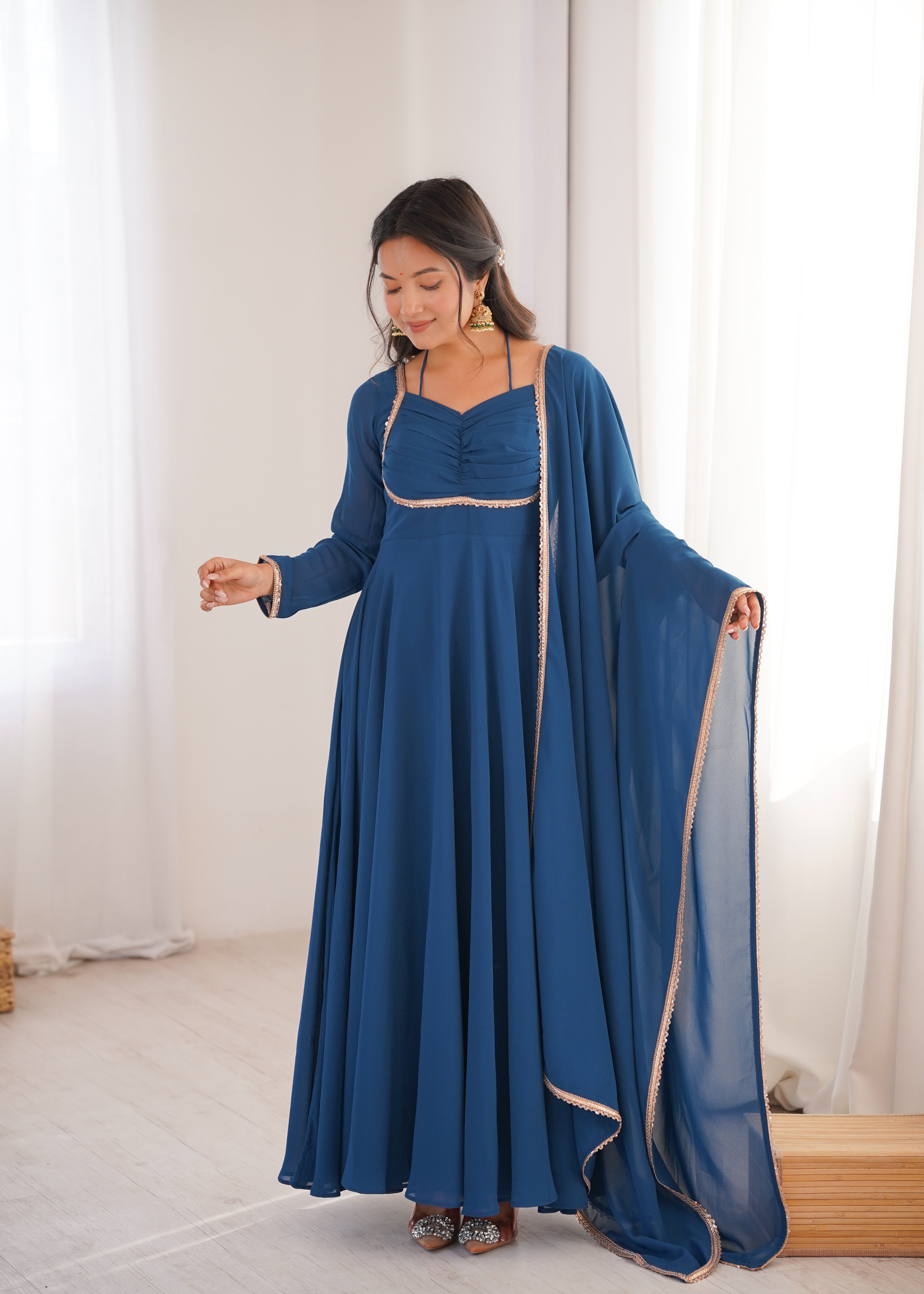 Anarkali Dress with Sheer Dupatta and Embellished Detailing