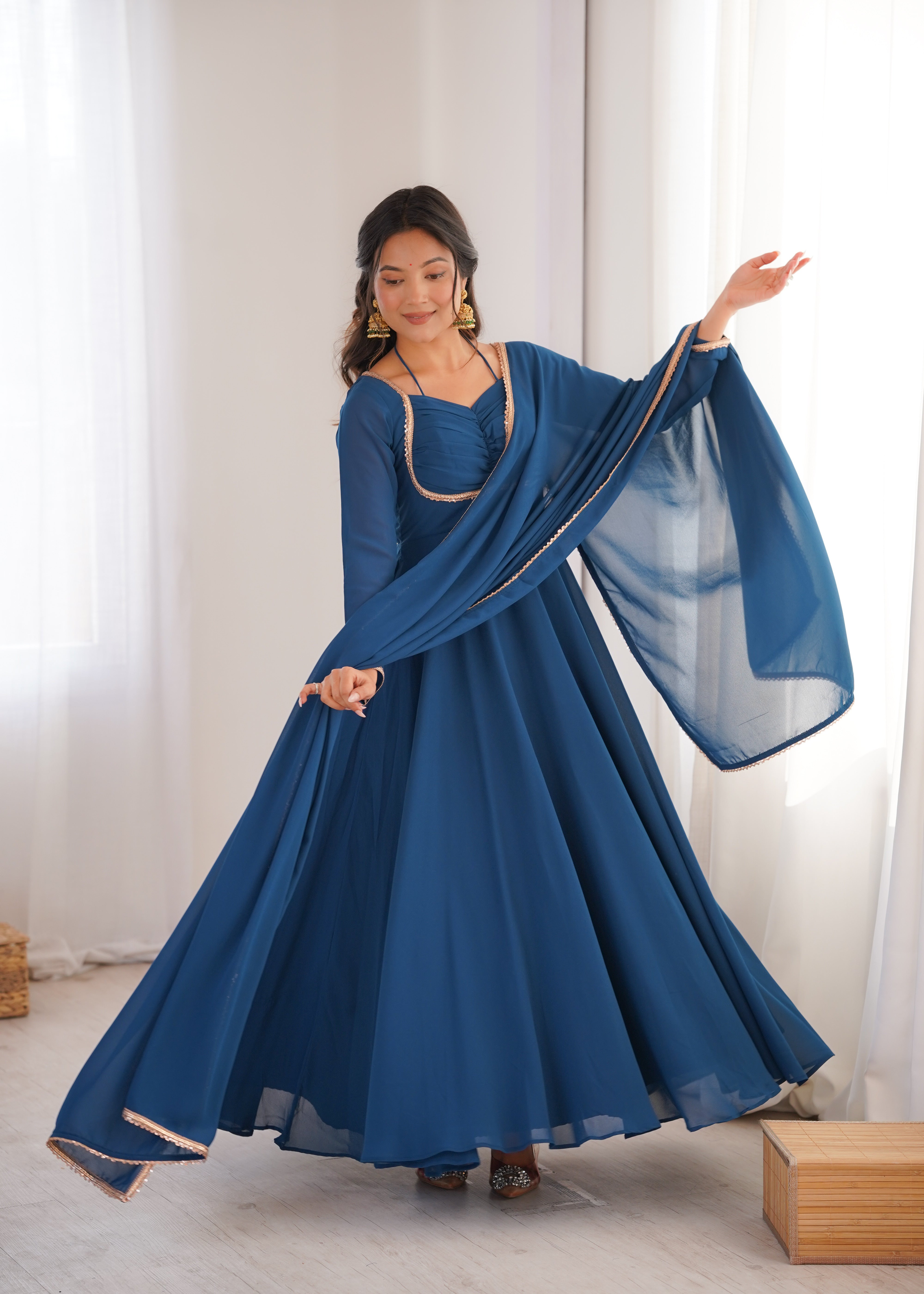 Anarkali Dress with Sheer Dupatta and Embellished Detailing