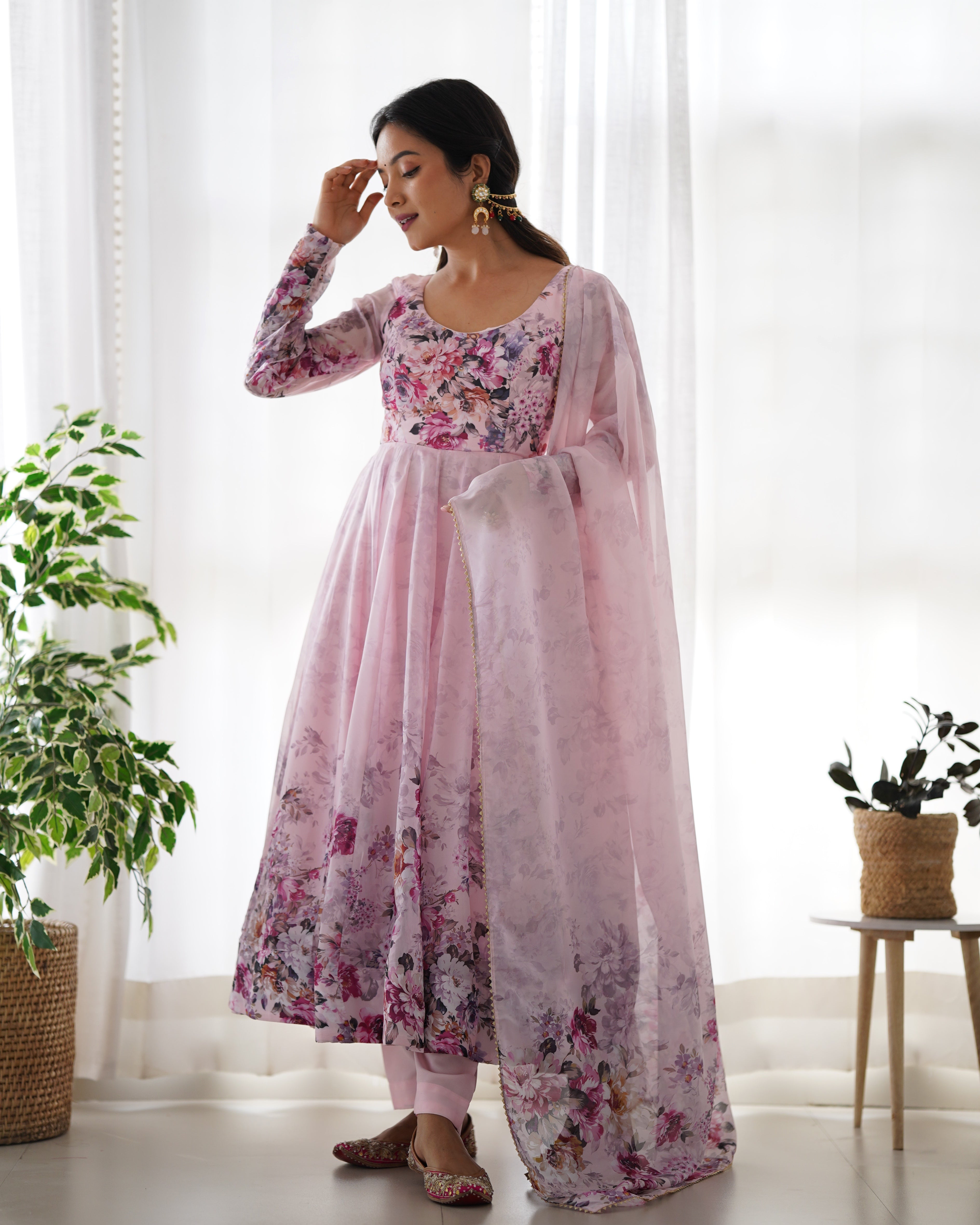 Elegant Floral Anarkali Set with Sheer Dupatta