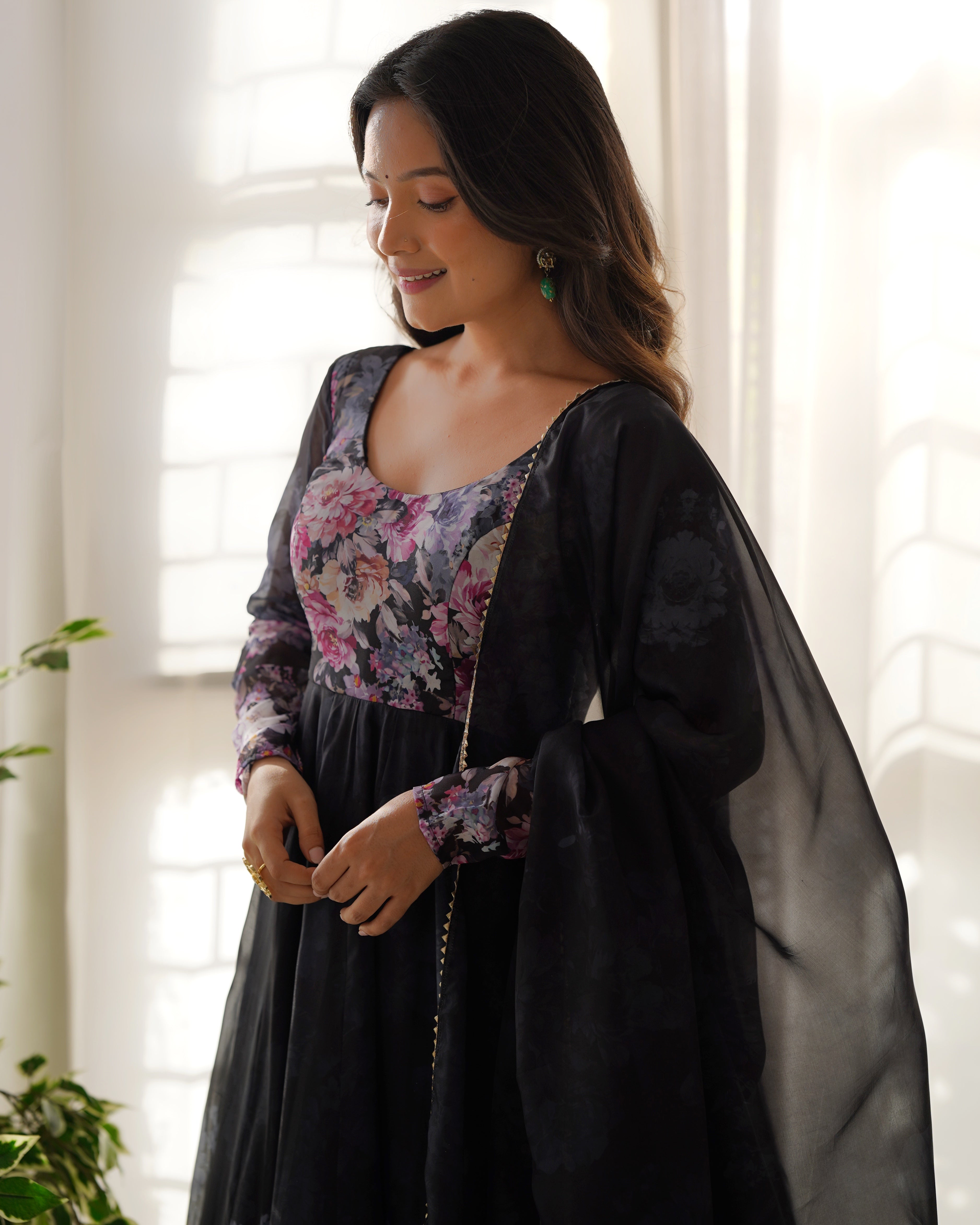 Elegant Floral Anarkali Set with Sheer Dupatta