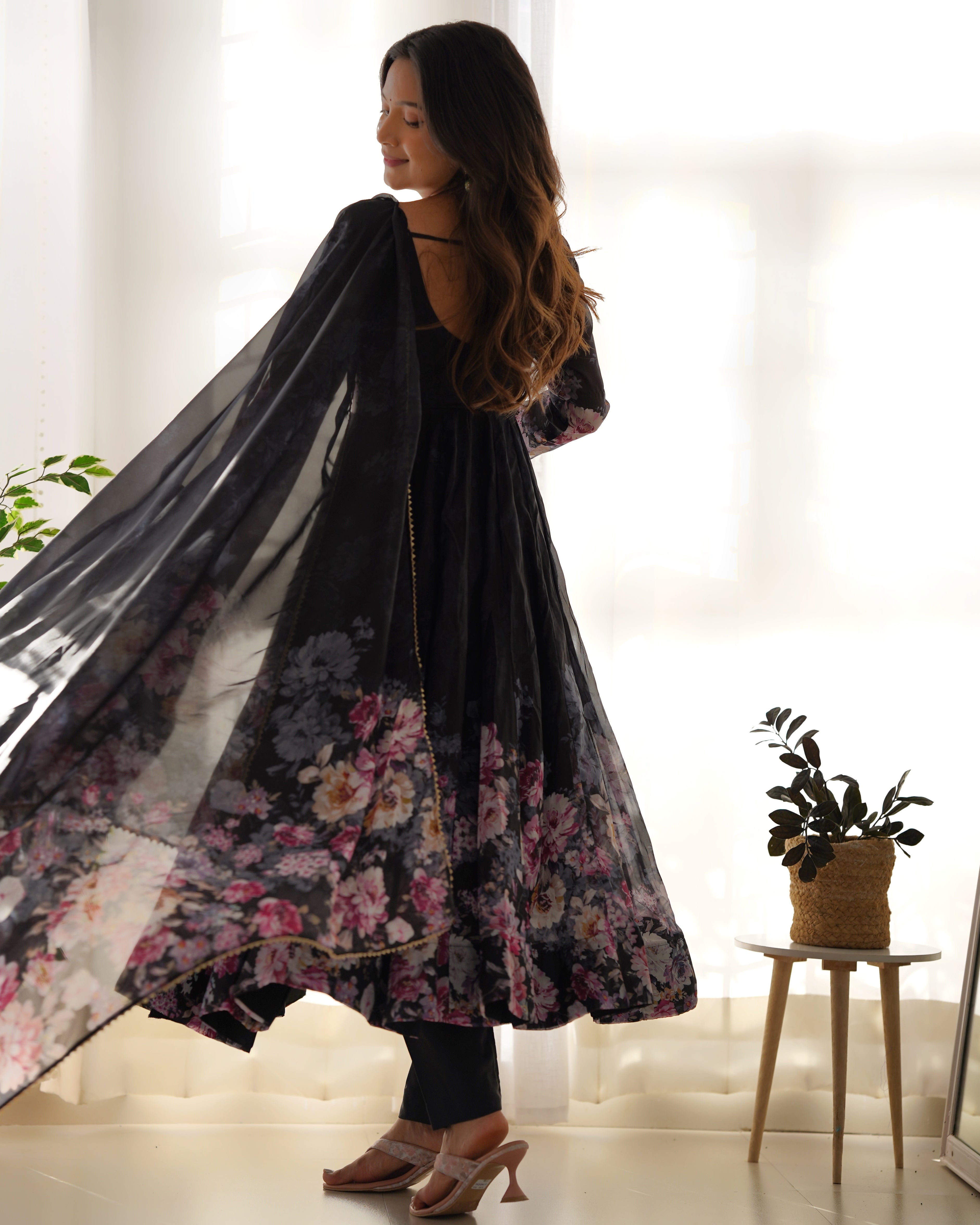 Elegant Floral Anarkali Set with Sheer Dupatta
