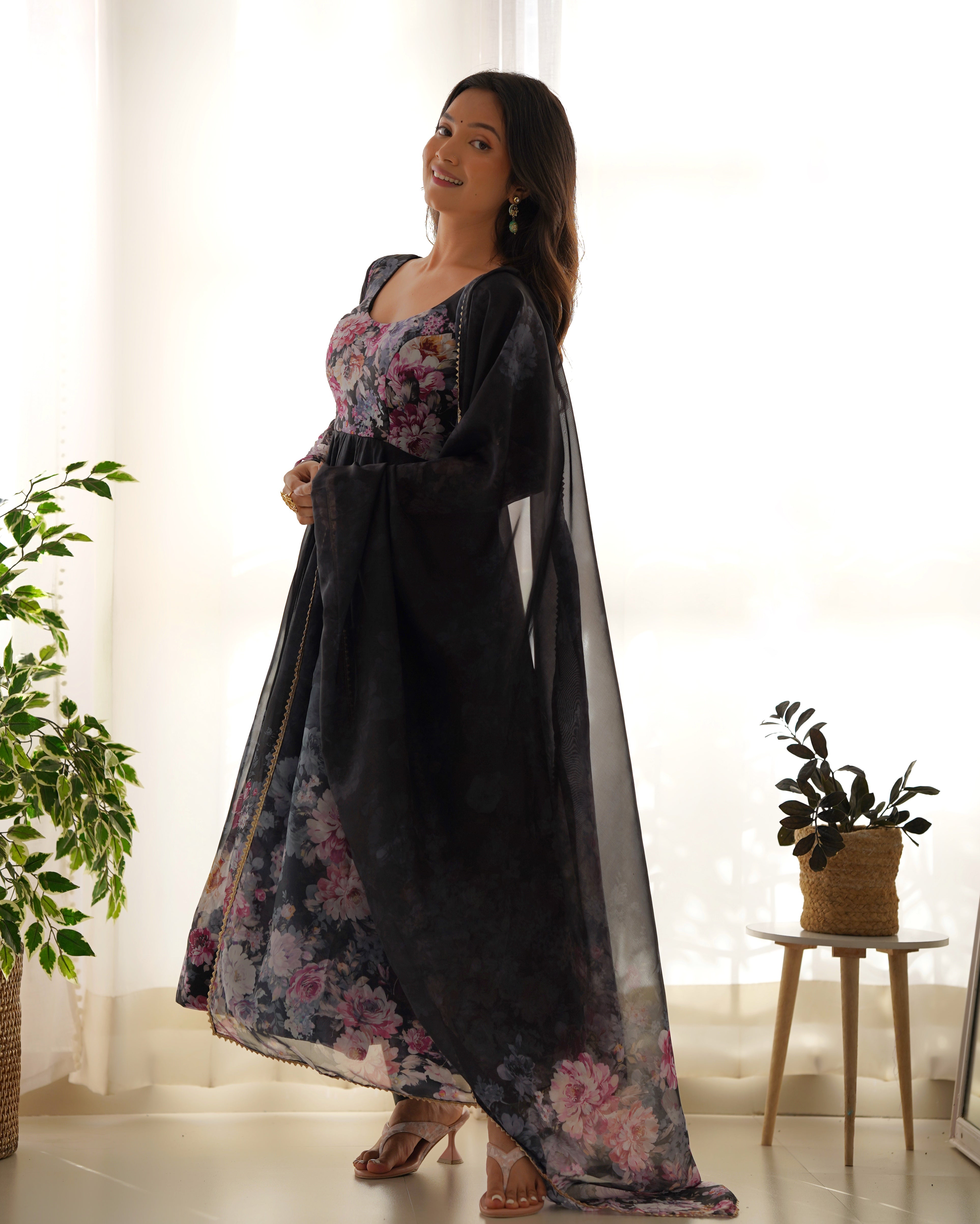 Elegant Floral Anarkali Set with Sheer Dupatta
