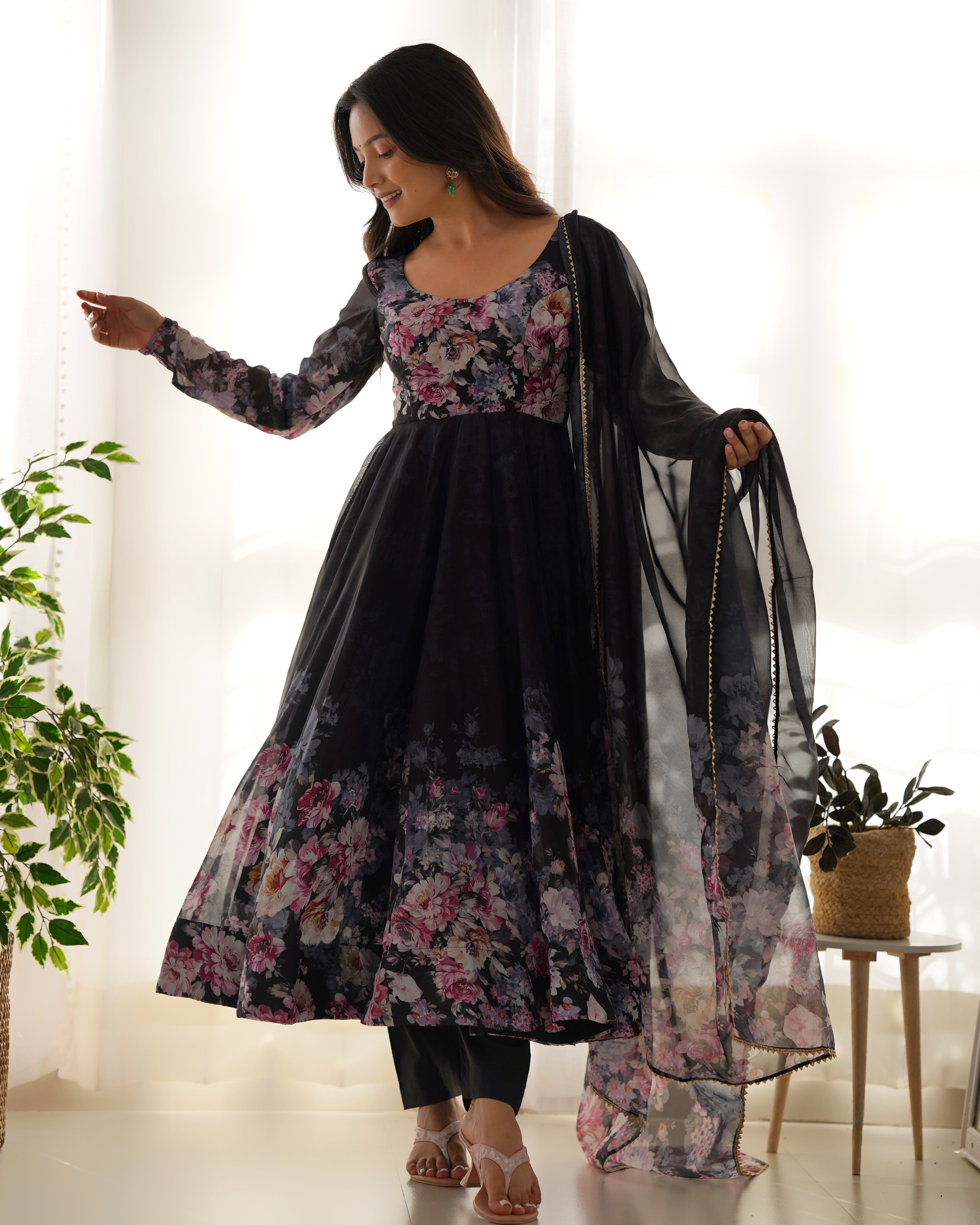 Elegant Floral Anarkali Set with Sheer Dupatta