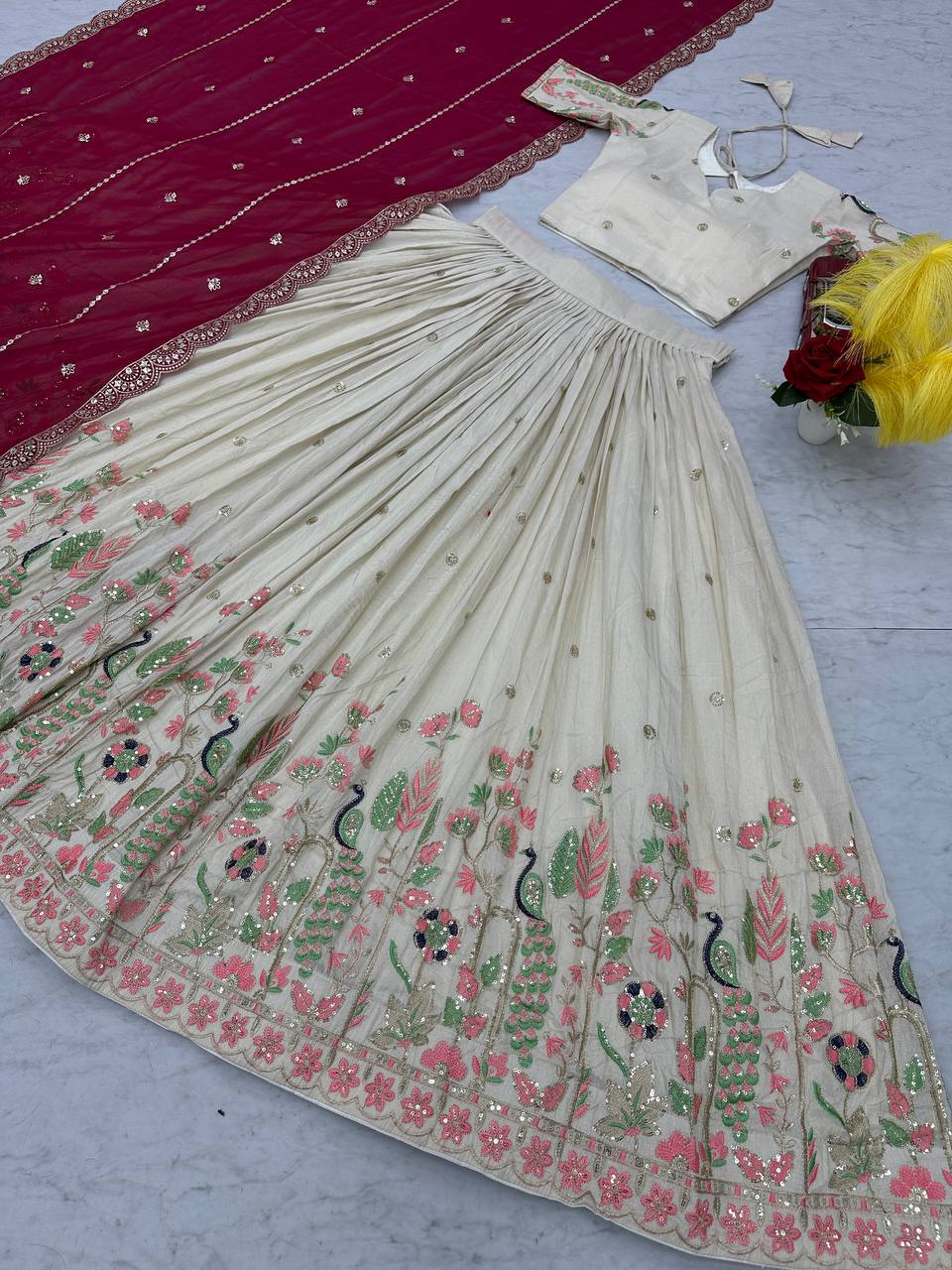 Embroidered Pure Tissue Silk Lehenga Choli & Dupatta Set