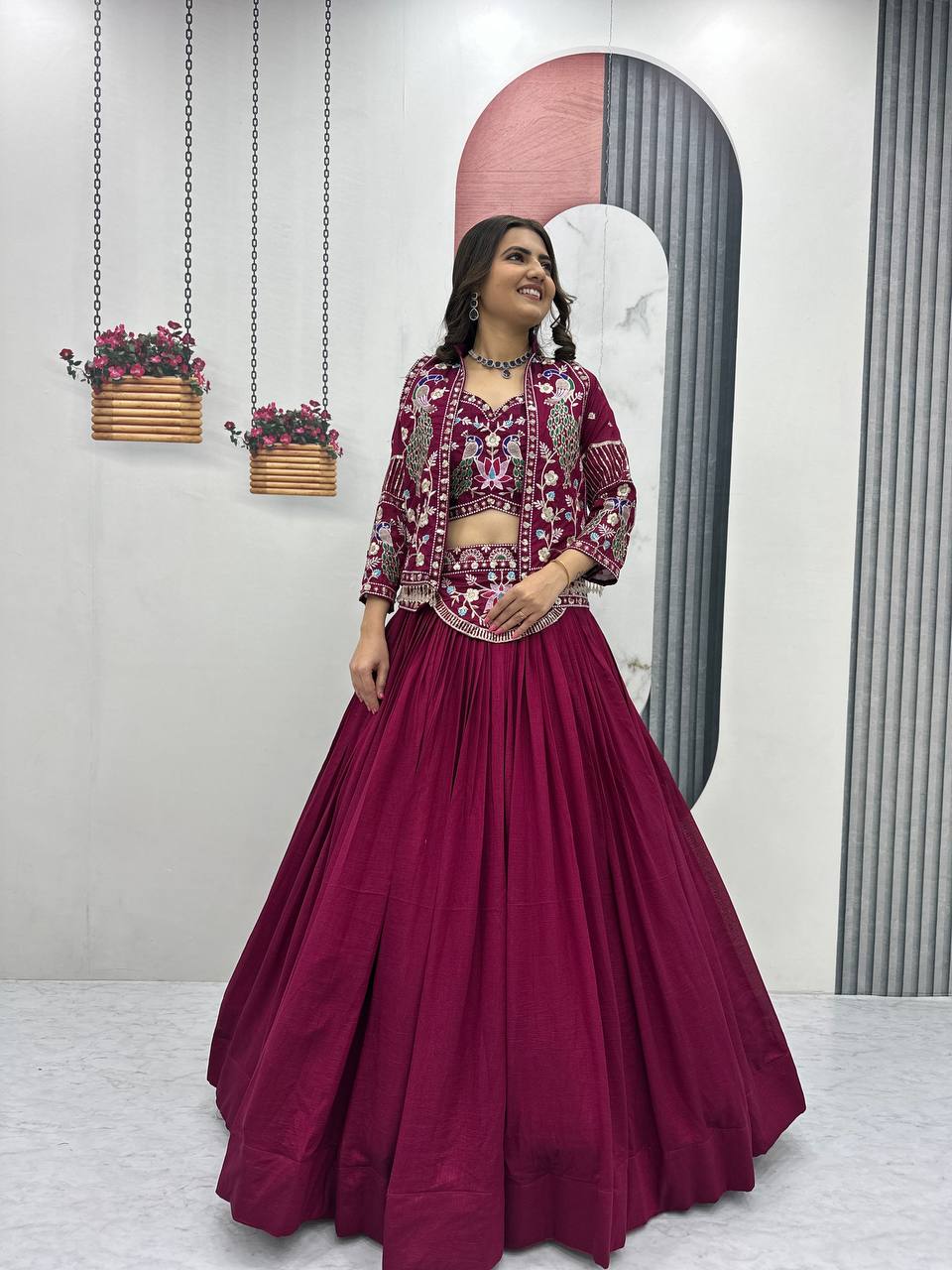 Dark Pink Thread Sequence Work Vichitra Silk Crop Top Lehenga With Shrug