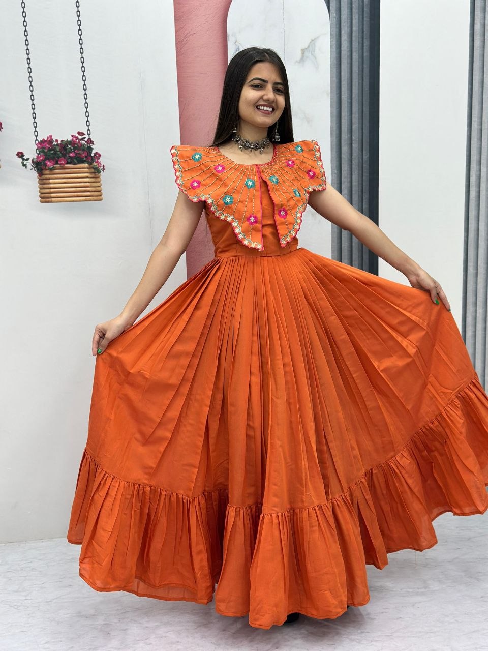 Ruffle Neck Dress with Colorful Embellishments