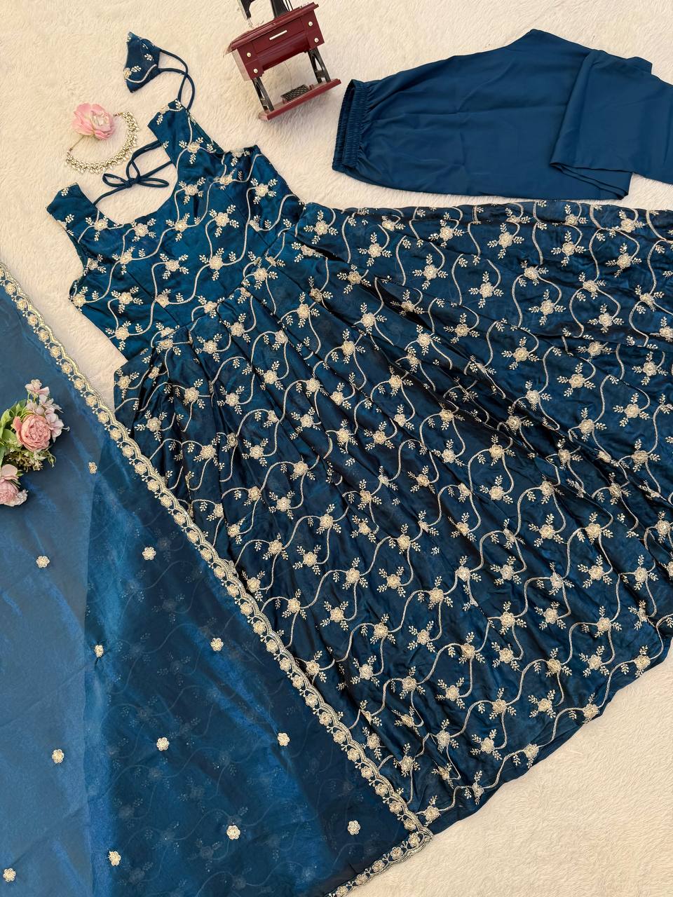 Orange Elegant KesriyaNC Silk Kali Cut Gown Set with Heavy Sequins Embroidery, Micro Fabric Pant & Matching Dupatta – Stitched Ensemble