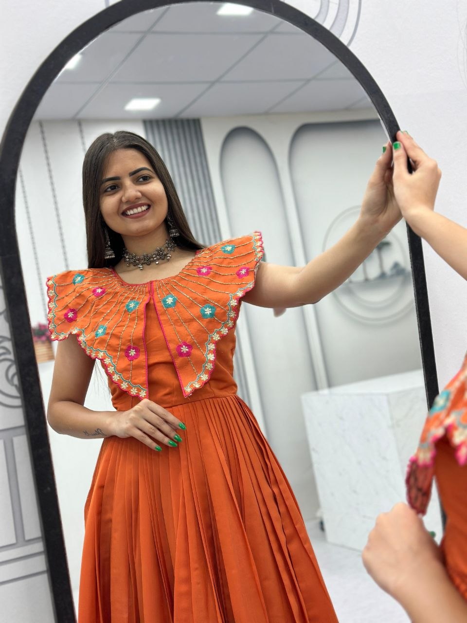 Ruffle Neck Dress with Colorful Embellishments