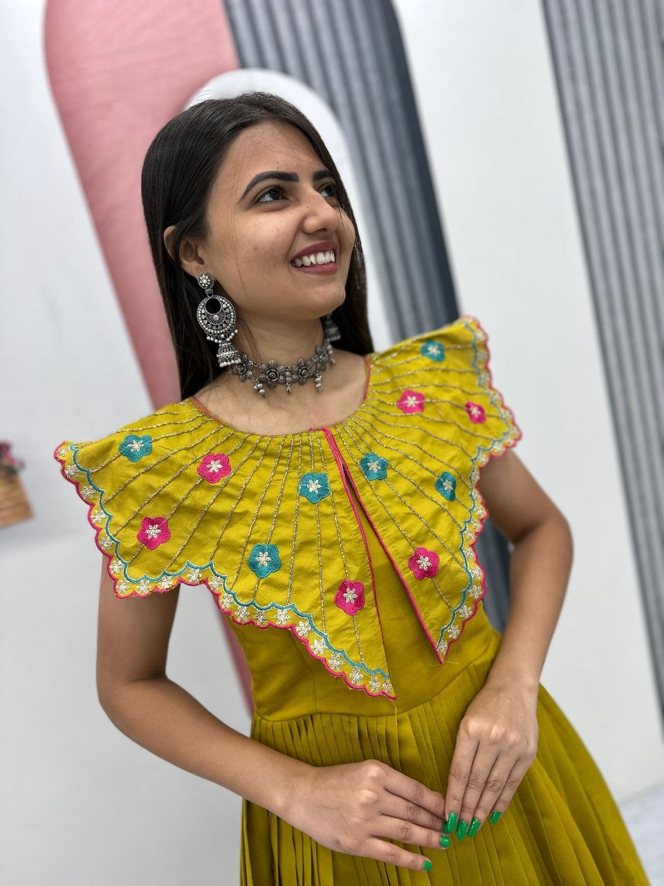 Ruffle Neck Dress with Colorful Embellishments
