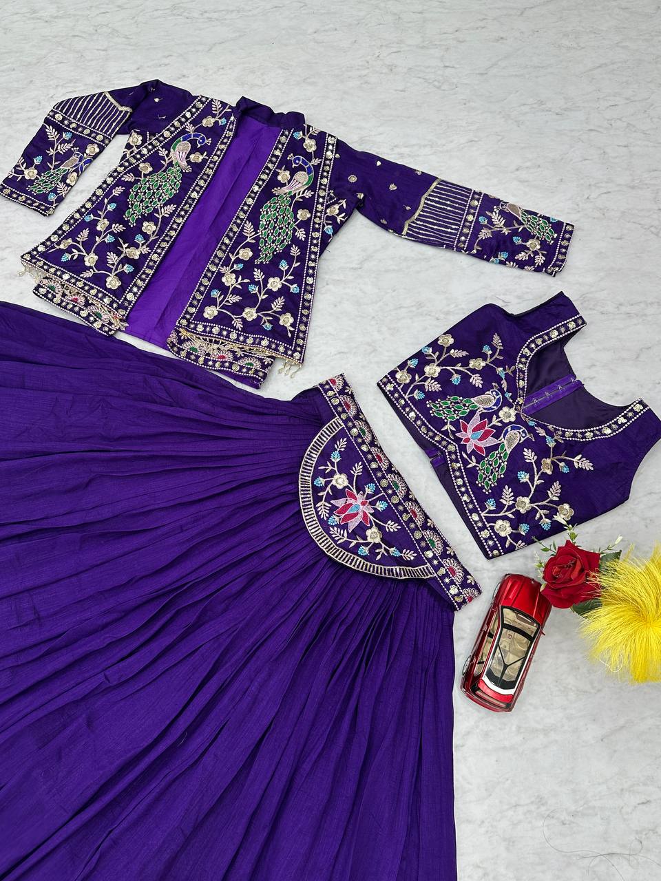 Dark Pink Thread Sequence Work Vichitra Silk Crop Top Lehenga With Shrug