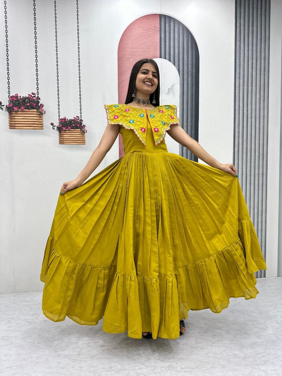 Ruffle Neck Dress with Colorful Embellishments