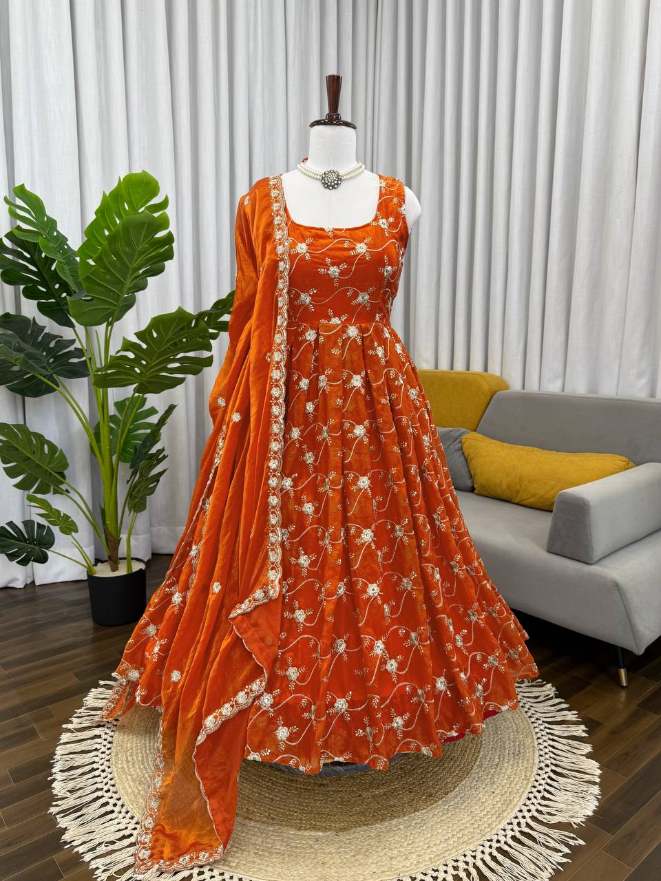 Orange Elegant KesriyaNC Silk Kali Cut Gown Set with Heavy Sequins Embroidery, Micro Fabric Pant & Matching Dupatta – Stitched Ensemble