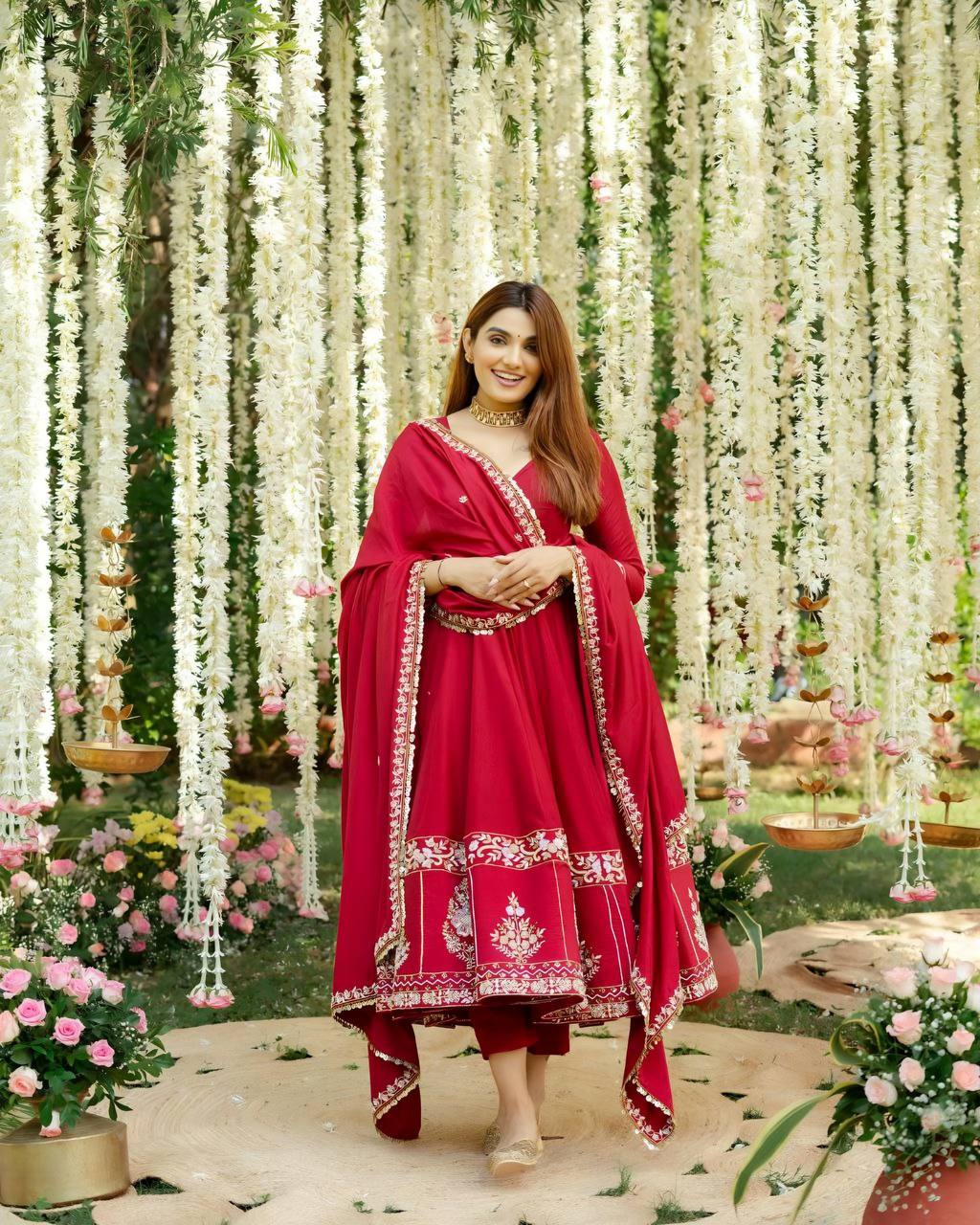 Elegant Red Anarkali Kurti Set with Dupatta for Women