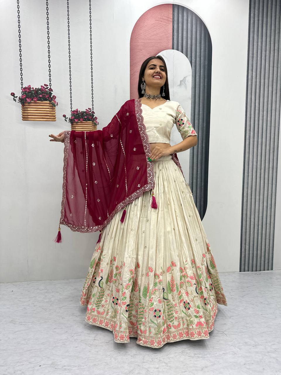 Embroidered Pure Tissue Silk Lehenga Choli & Dupatta Set