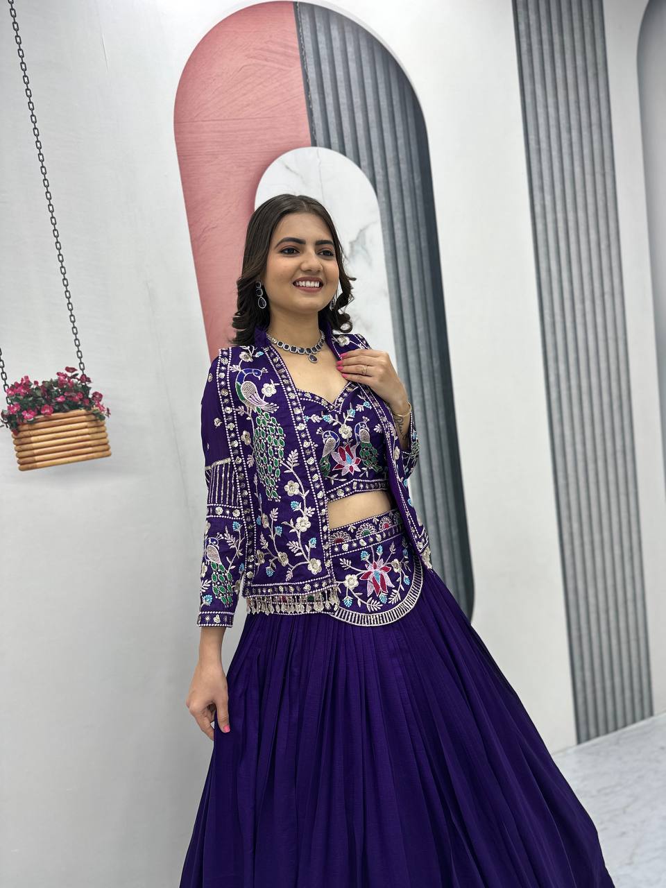 Dark Pink Thread Sequence Work Vichitra Silk Crop Top Lehenga With Shrug