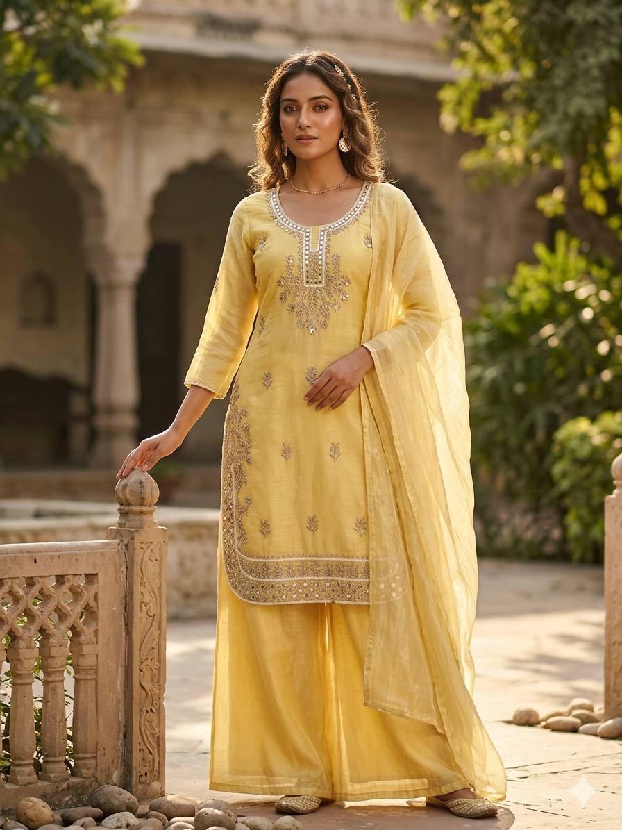 Yellow Kurta Palazzo With Dupatta in Gold Crunchy With Real Mirror and Embroidery