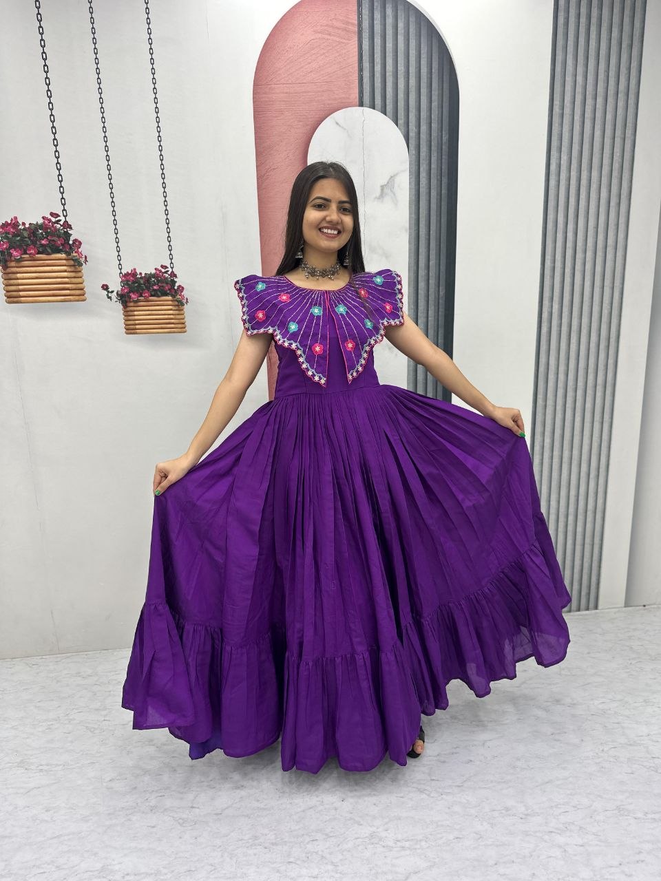 Ruffle Neck Dress with Colorful Embellishments