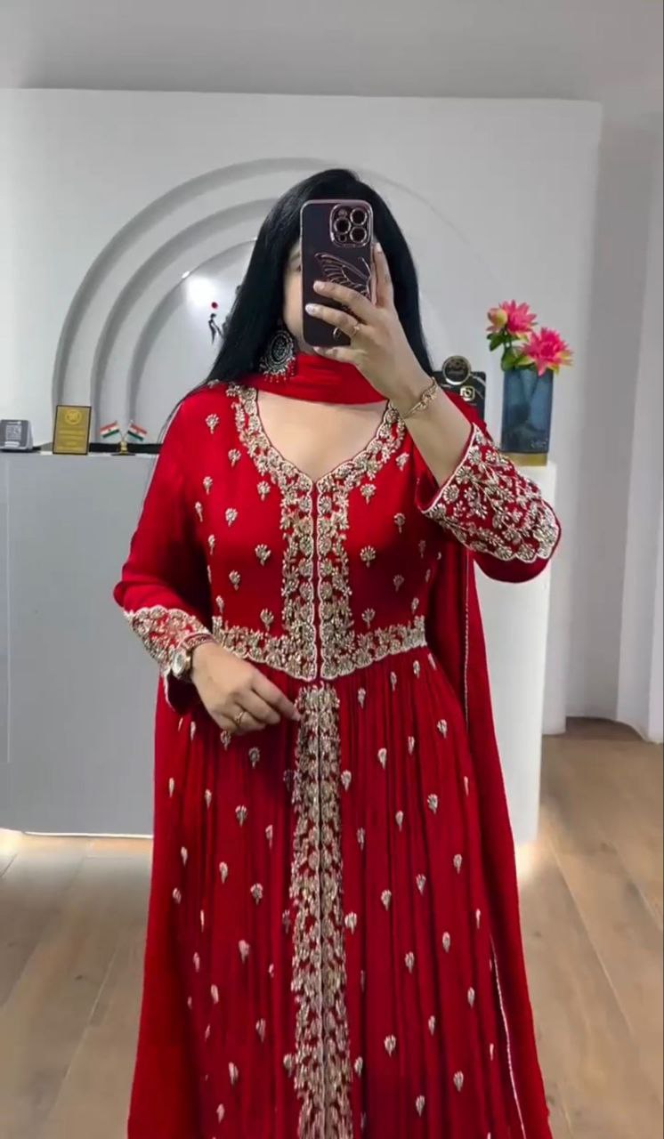 Elegant Red Embroidered Anarkali with Golden Detailing