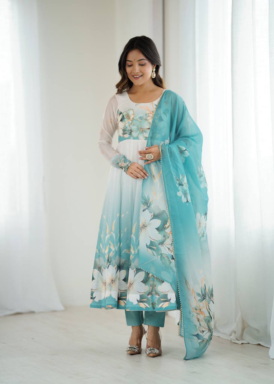 Organza Silk Anarkali Set with Badla Jari Handwork & Gota Patti Dupatta