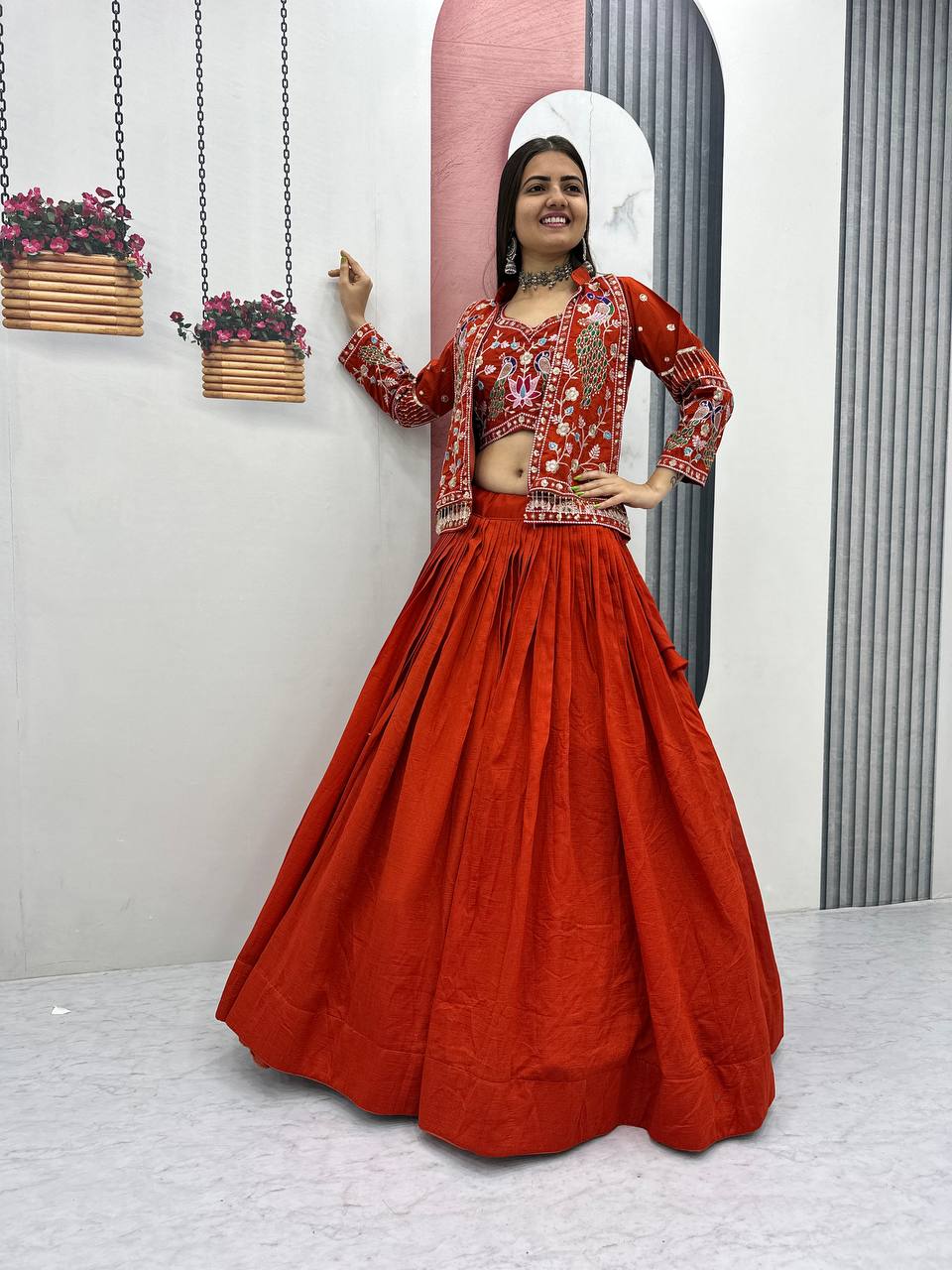 VICHITRA SILK LEHENGA CHOLI WITH SEQUENCE WORK AND JACKET