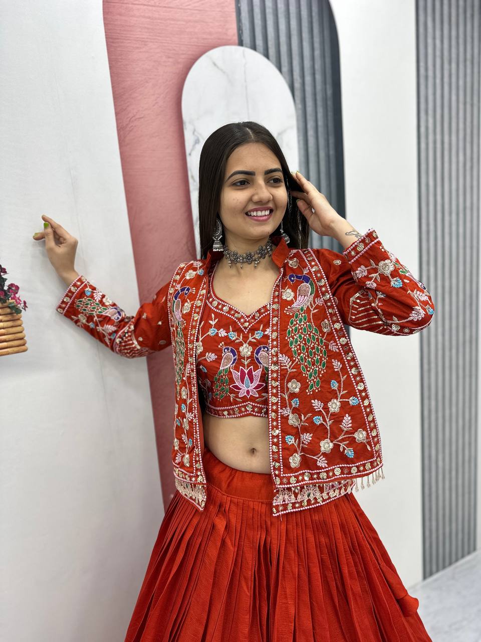 VICHITRA SILK LEHENGA CHOLI WITH SEQUENCE WORK AND JACKET