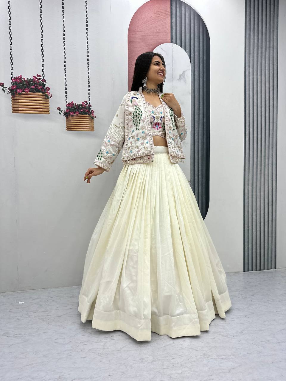 VICHITRA SILK LEHENGA CHOLI WITH SEQUENCE WORK AND JACKET