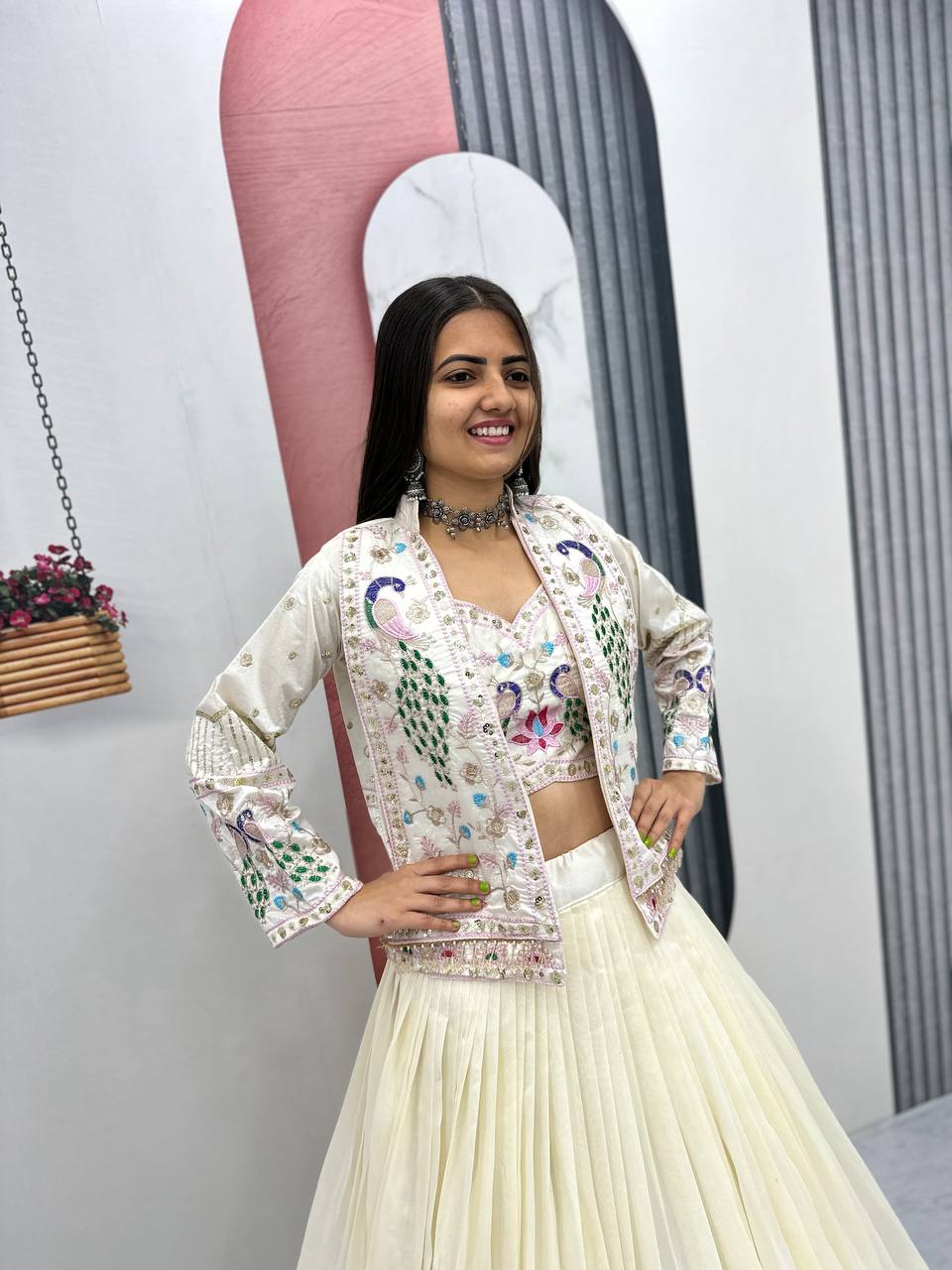VICHITRA SILK LEHENGA CHOLI WITH SEQUENCE WORK AND JACKET