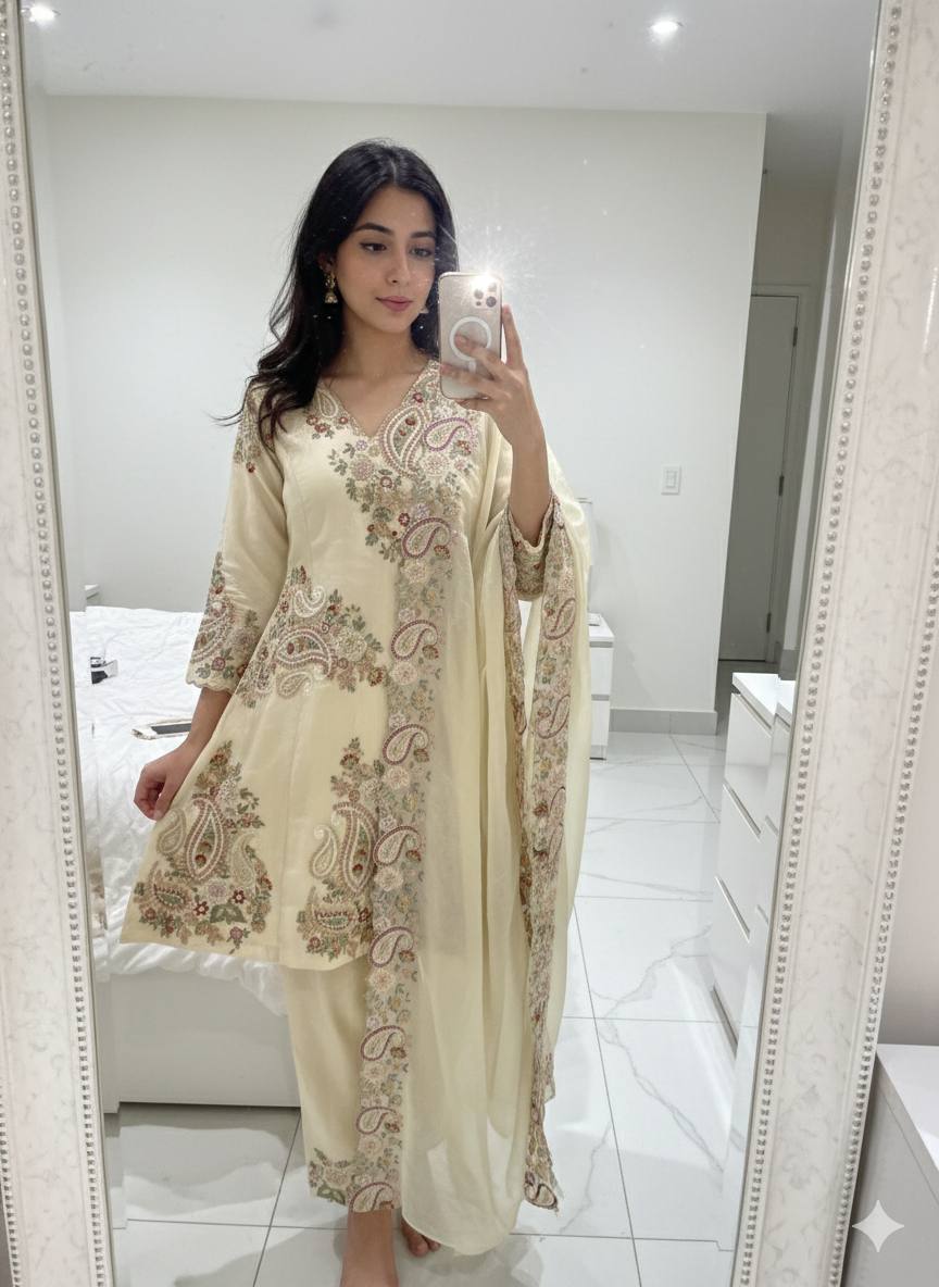 Cream Kurta Palazzo with Dupatta in Fendi Silk With Sequence Embroidery