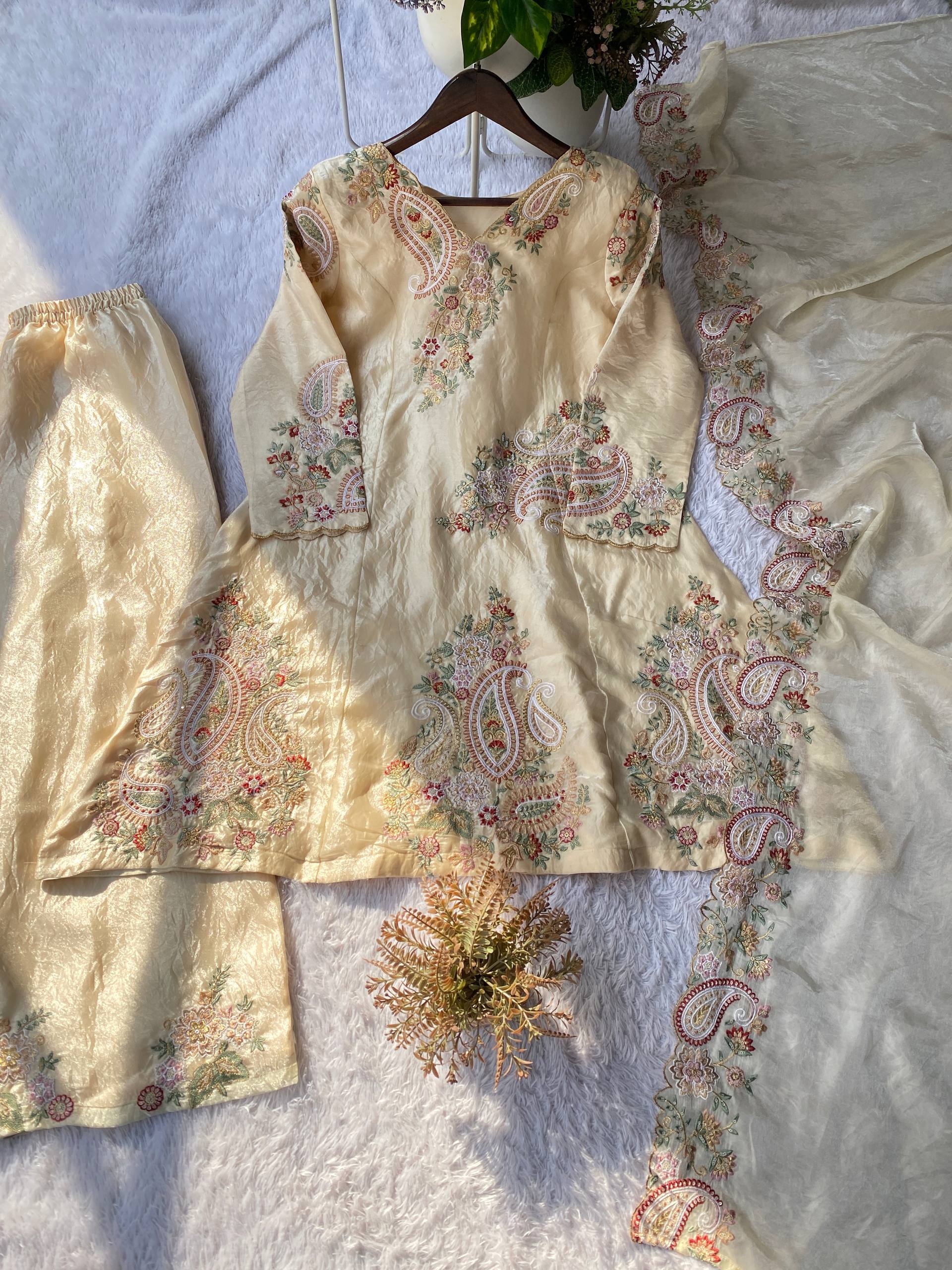 Cream Kurta Palazzo with Dupatta in Fendi Silk With Sequence Embroidery