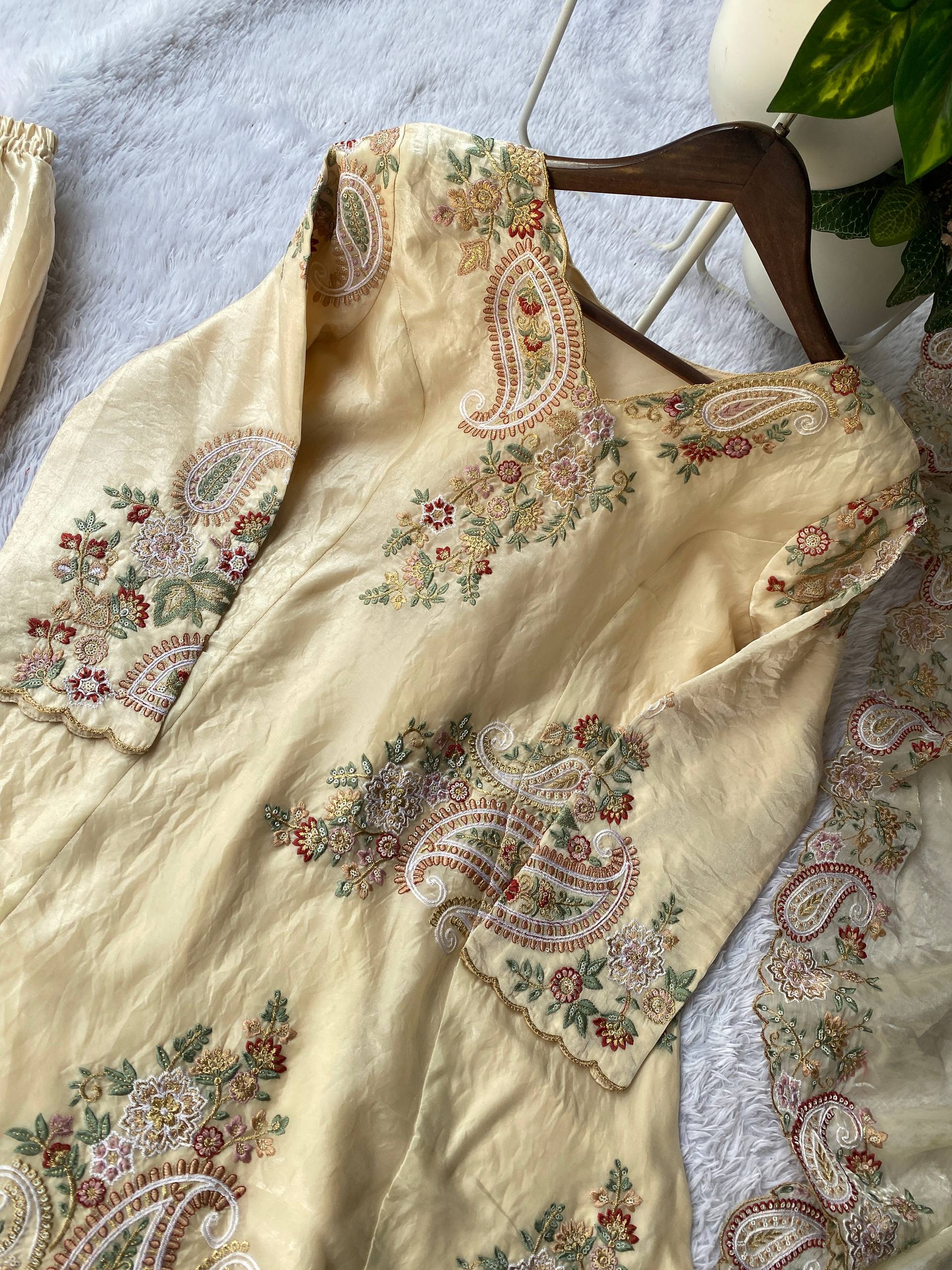 Cream Kurta Palazzo with Dupatta in Fendi Silk With Sequence Embroidery