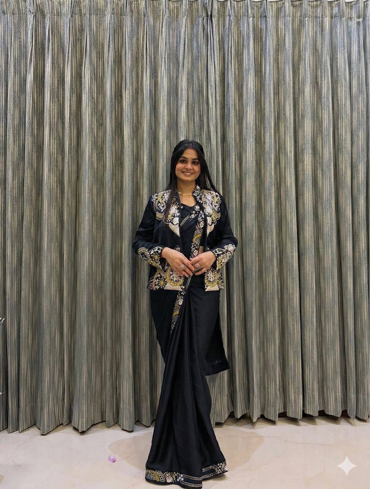 Blue Pre Draped Ready to Wear Saree With Heavy Embroidery Jacket One Minute Saree