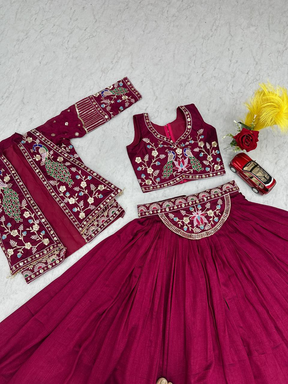Dark Pink Thread Sequence Work Vichitra Silk Crop Top Lehenga With Shrug