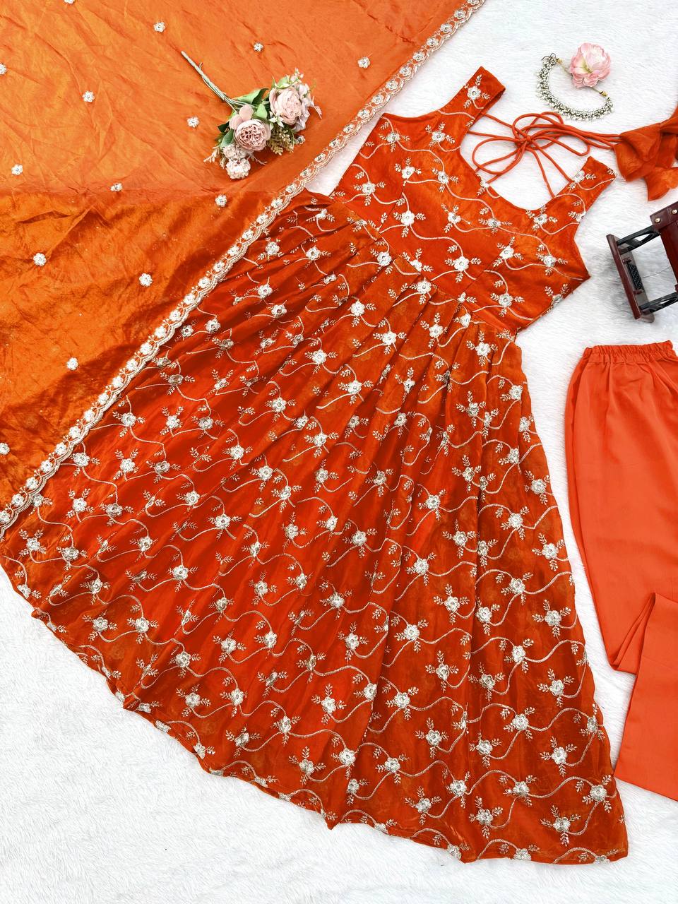 Orange Elegant KesriyaNC Silk Kali Cut Gown Set with Heavy Sequins Embroidery, Micro Fabric Pant & Matching Dupatta – Stitched Ensemble