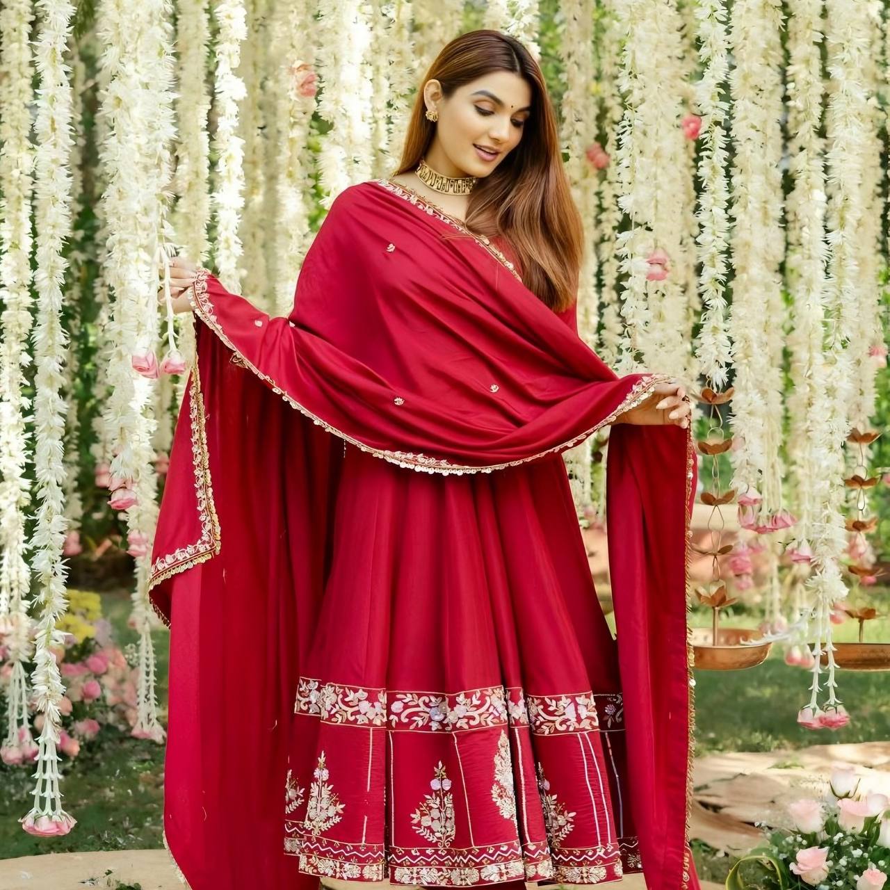 Elegant Red Anarkali Kurti Set with Dupatta for Women