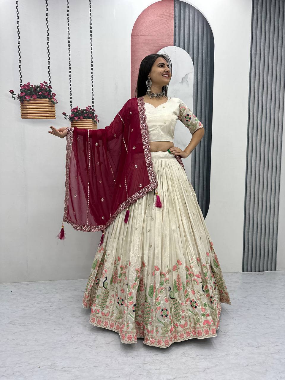Embroidered Pure Tissue Silk Lehenga Choli & Dupatta Set