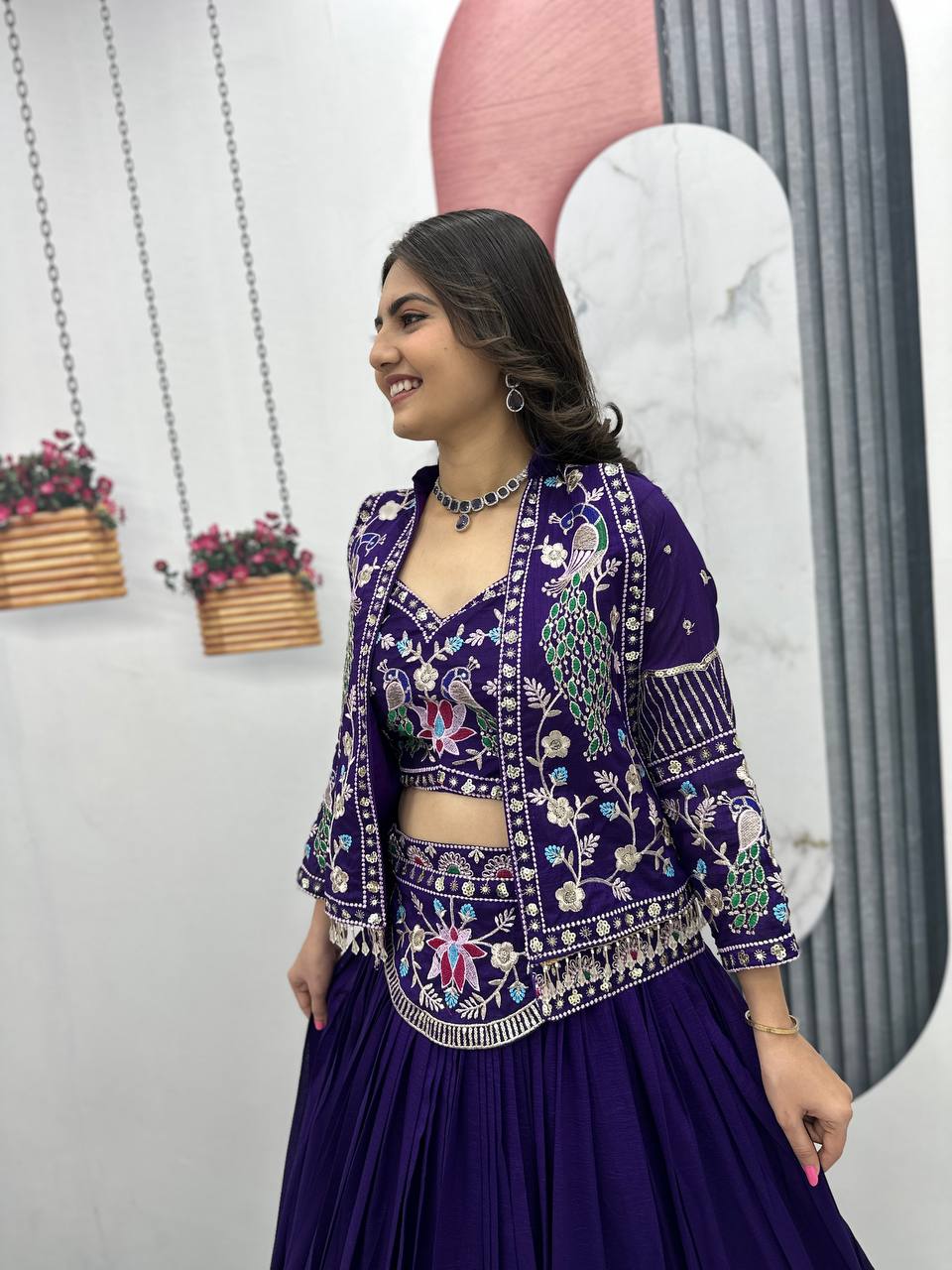 Dark Pink Thread Sequence Work Vichitra Silk Crop Top Lehenga With Shrug