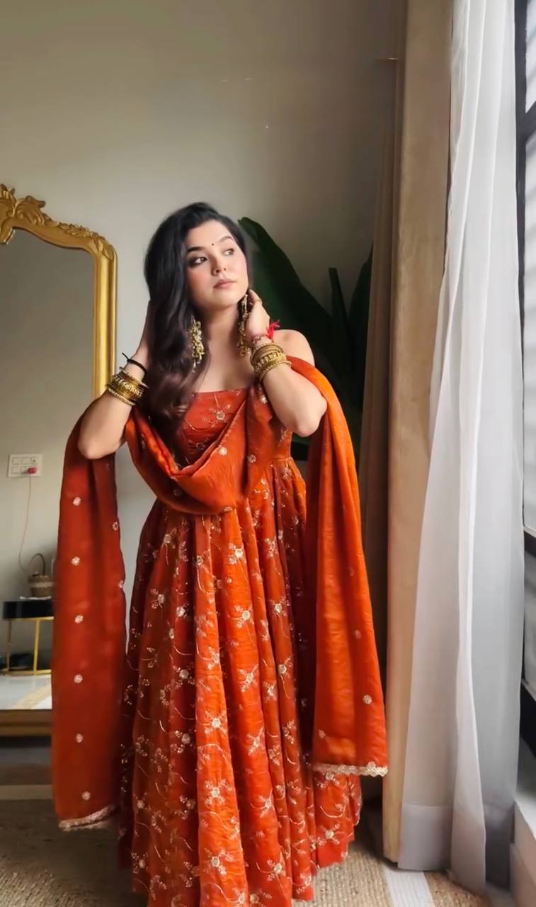 Orange Elegant KesriyaNC Silk Kali Cut Gown Set with Heavy Sequins Embroidery, Micro Fabric Pant & Matching Dupatta – Stitched Ensemble
